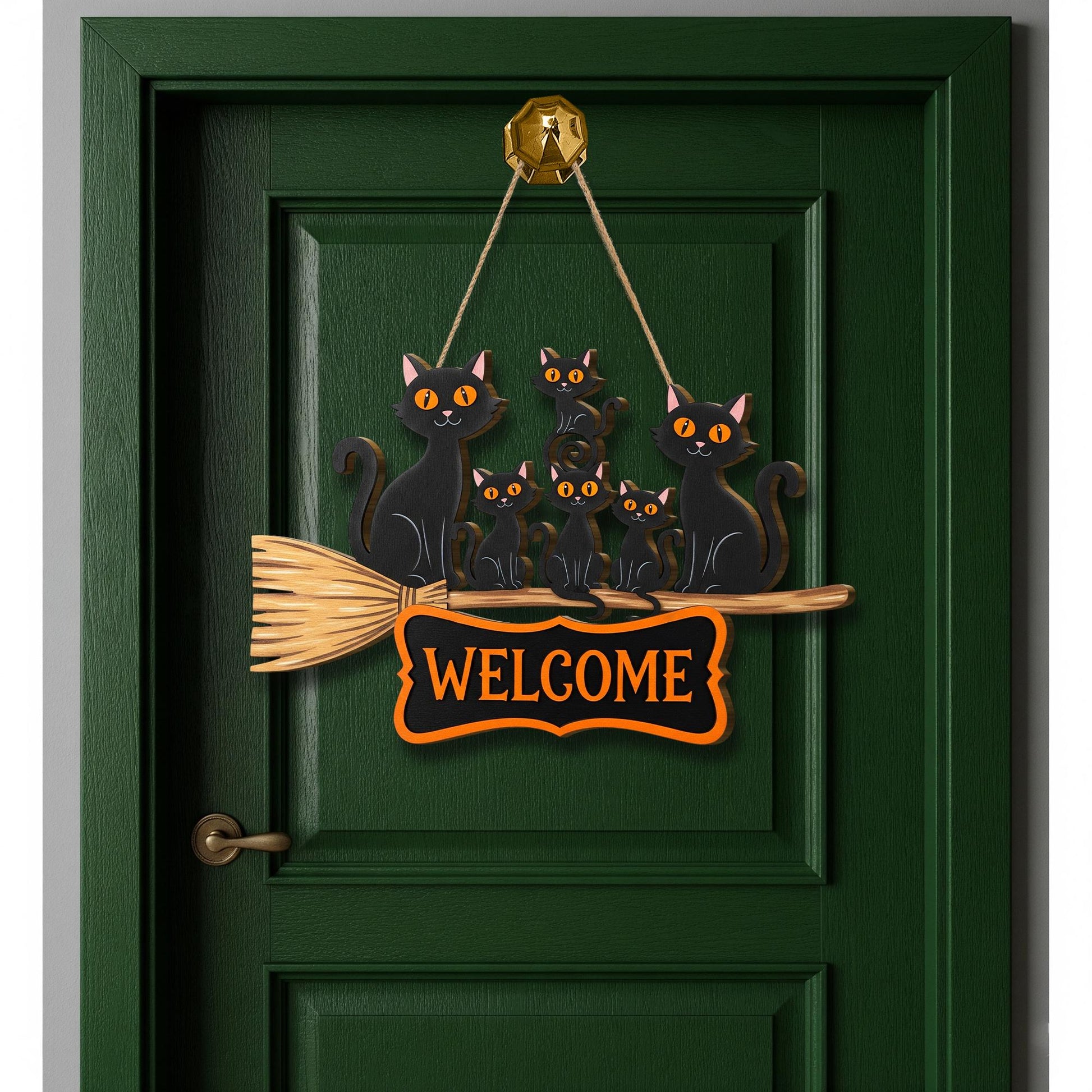 Black Cat Welcome Door Hanger – Halloween Broom Sign, Cute Cat Family Wall Decor, Spooky Fall Porch Decoration, Witchy Home Ornament
