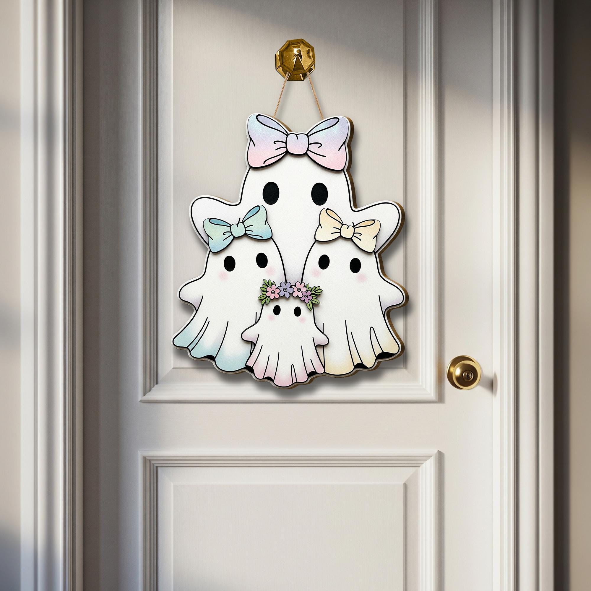 Pastel Ghost Family Wooden Door Sign, Cute Halloween Decor with Bows and Flowers, Spooky Season Porch or Wall Hanging, Fall Entry Accent