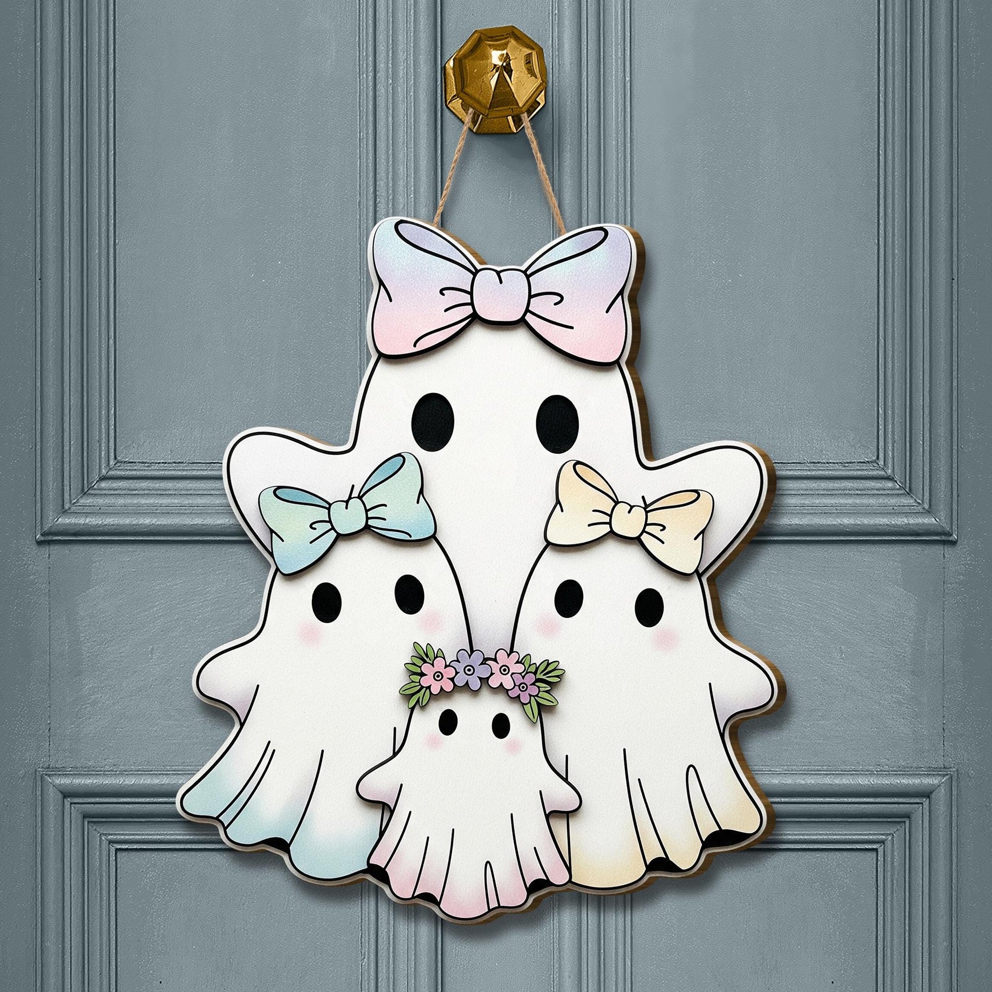 Pastel Ghost Family Wooden Door Sign, Cute Halloween Decor with Bows and Flowers, Spooky Season Porch or Wall Hanging, Fall Entry Accent