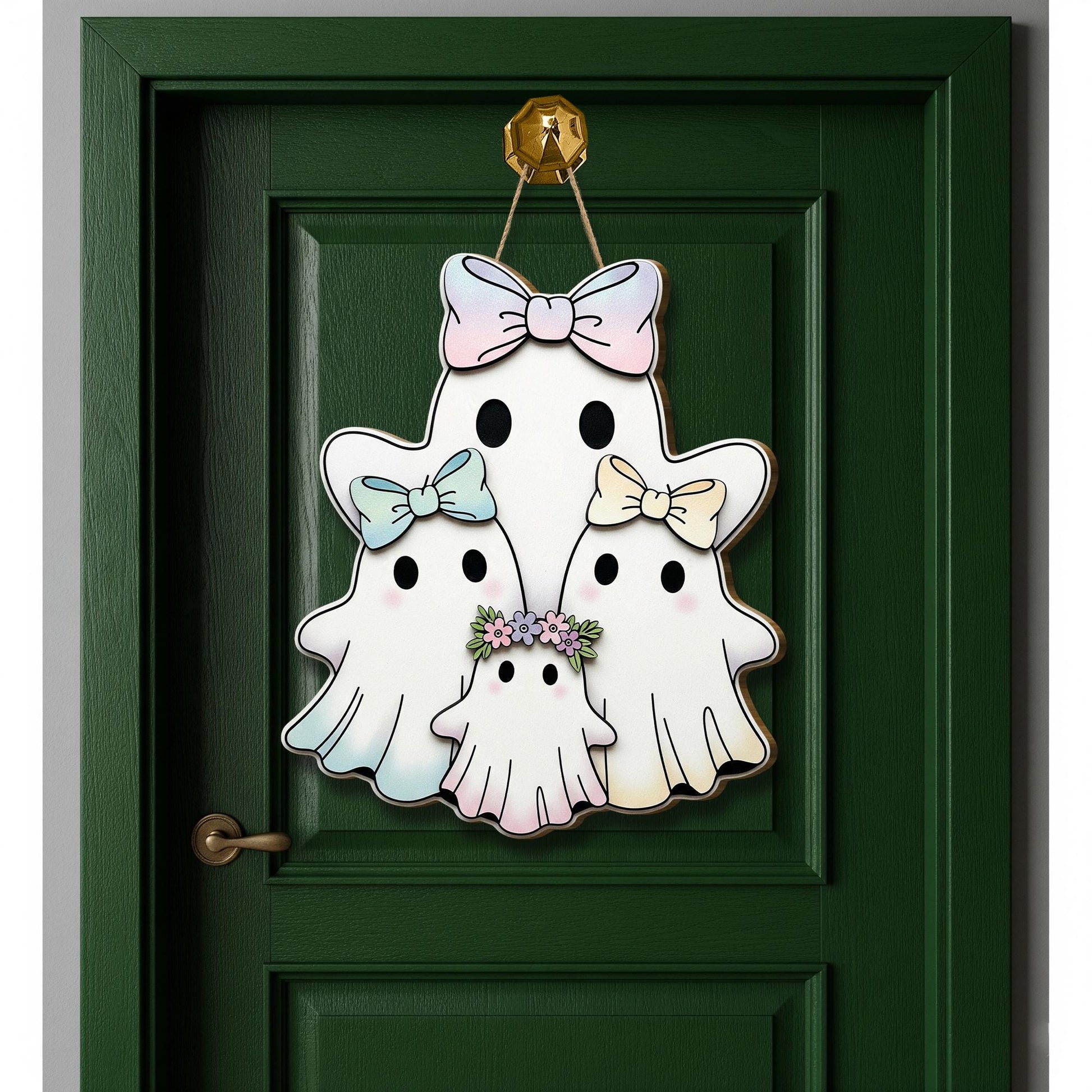 Pastel Ghost Family Wooden Door Sign, Cute Halloween Decor with Bows and Flowers, Spooky Season Porch or Wall Hanging, Fall Entry Accent