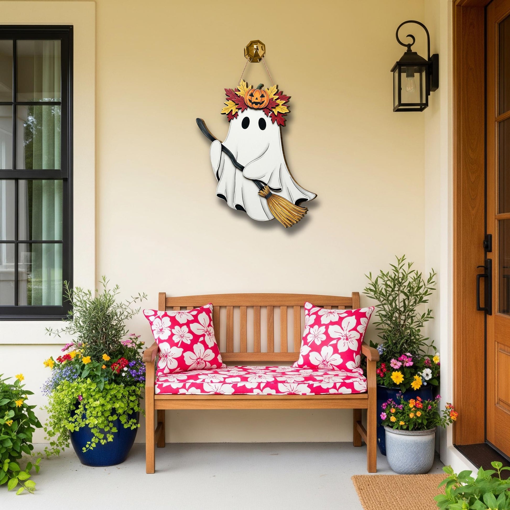 Cute Ghost Door Hanger – Halloween Ghost with Broom Sign, Fall Ghost Wall Decor, Pumpkin Leaf Crown Ornament, Spooky Porch Accent