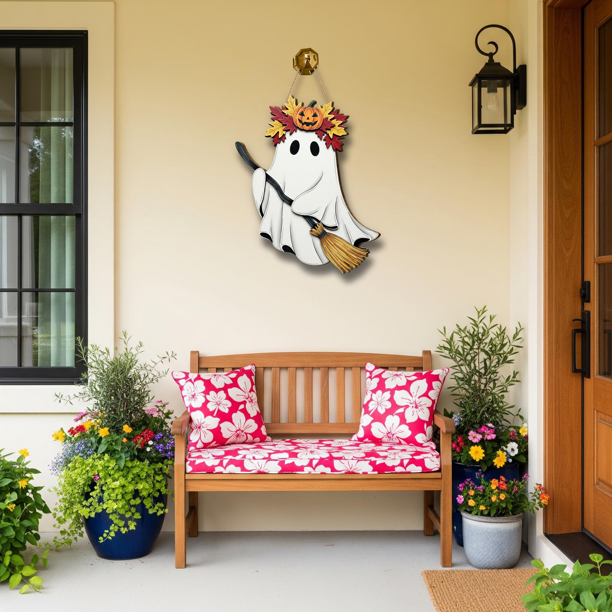 Cute Ghost Door Hanger – Halloween Ghost with Broom Sign, Fall Ghost Wall Decor, Pumpkin Leaf Crown Ornament, Spooky Porch Accent