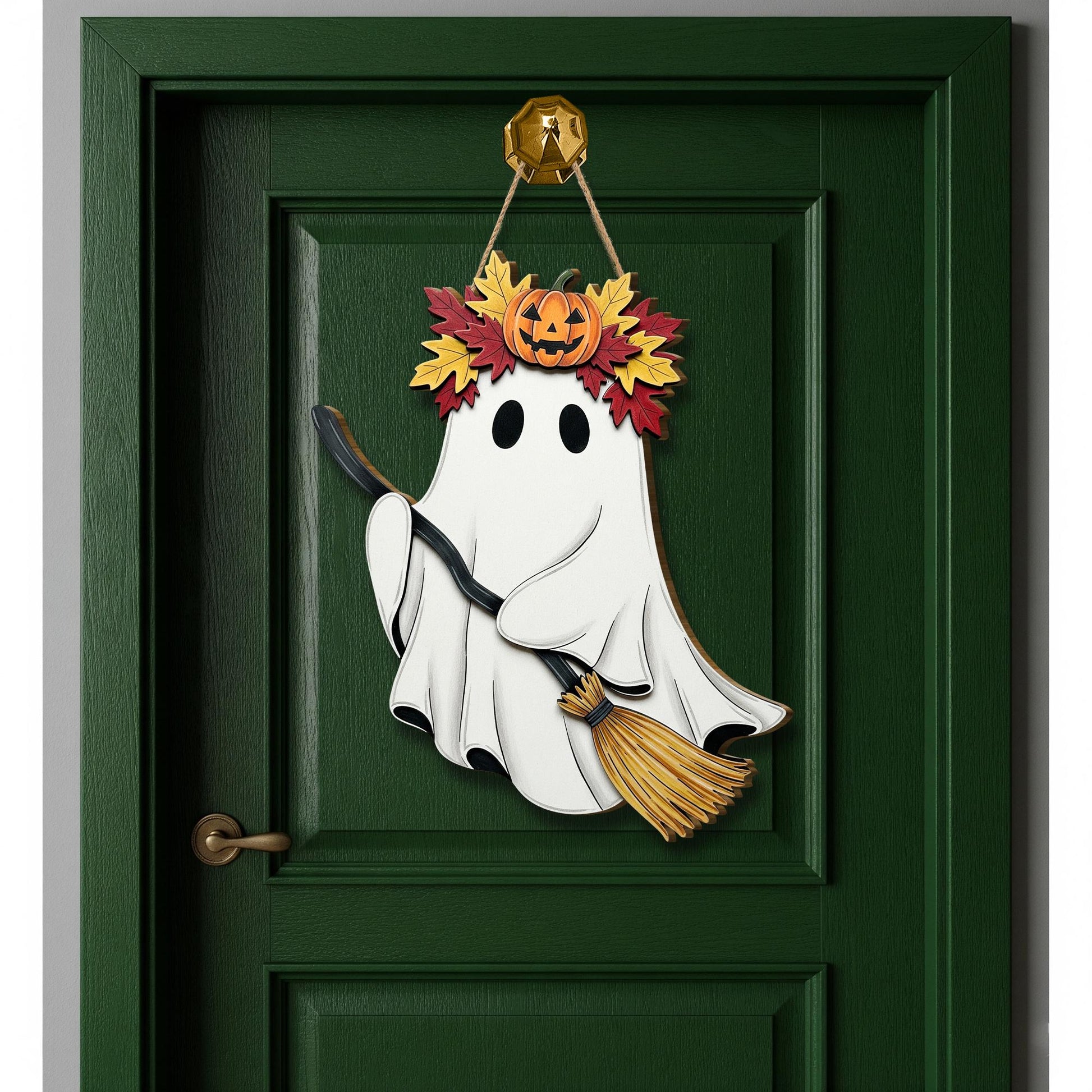 Cute Ghost Door Hanger – Halloween Ghost with Broom Sign, Fall Ghost Wall Decor, Pumpkin Leaf Crown Ornament, Spooky Porch Accent