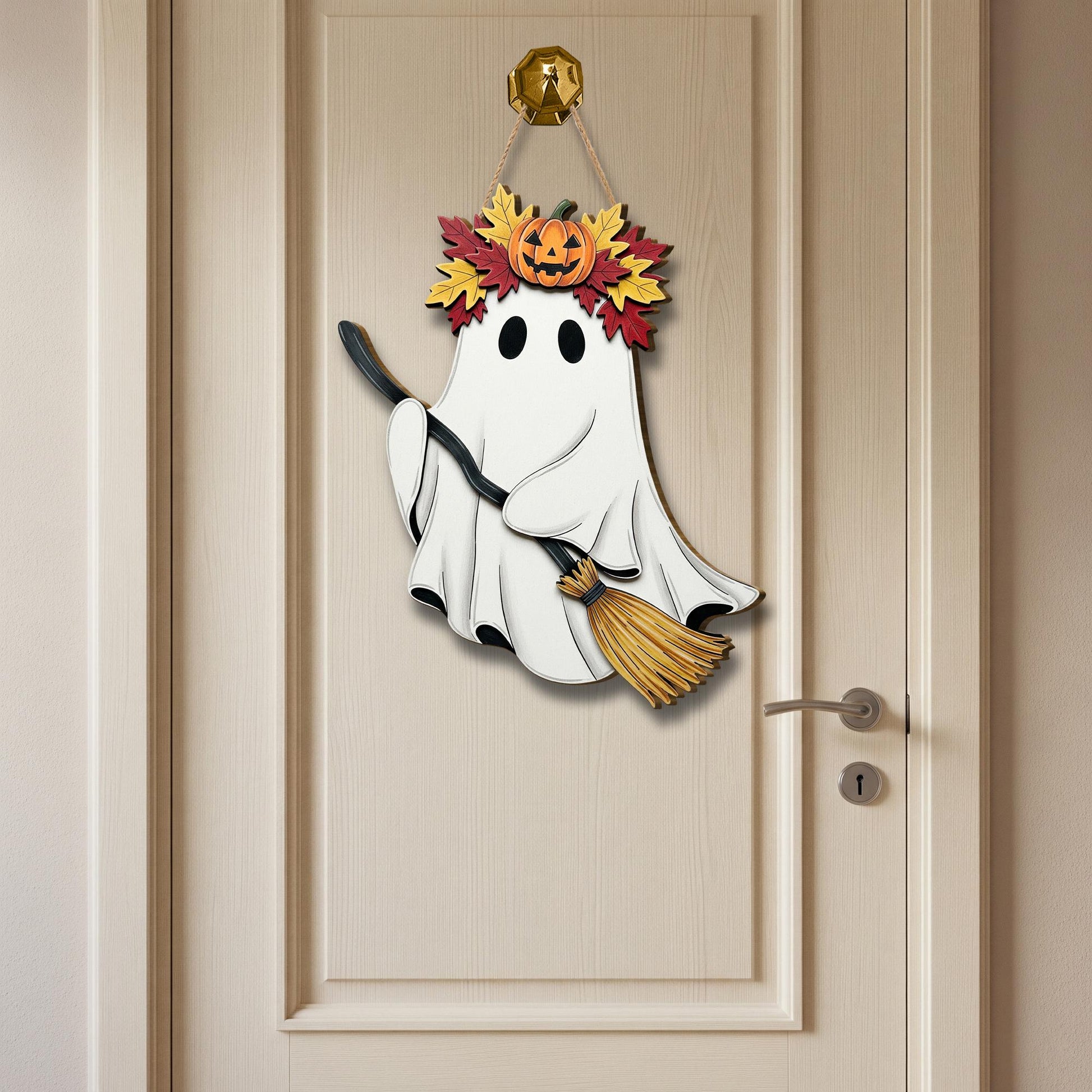 Cute Ghost Door Hanger – Halloween Ghost with Broom Sign, Fall Ghost Wall Decor, Pumpkin Leaf Crown Ornament, Spooky Porch Accent