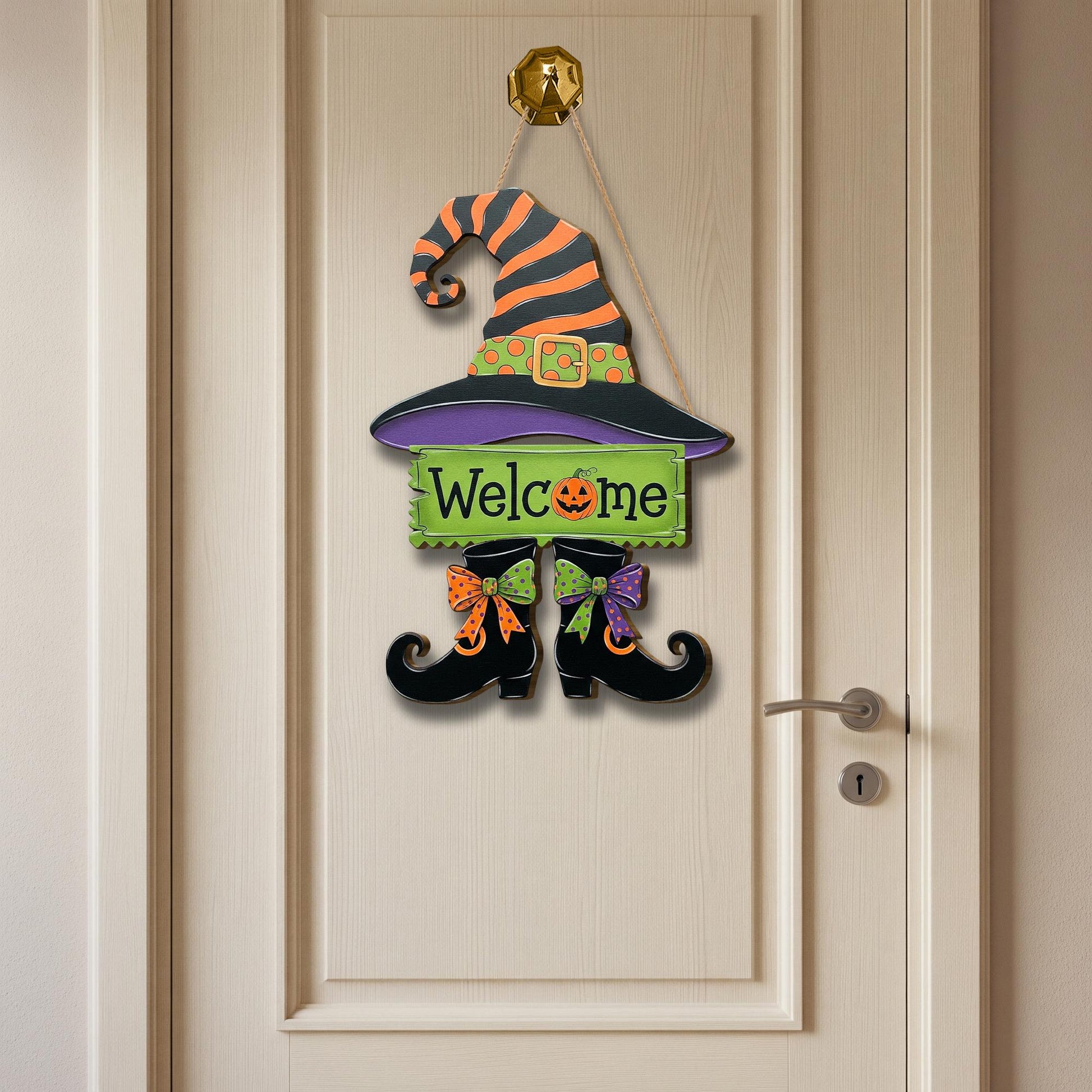 Witch Hat Welcome Door Hanger – Halloween Witch Boots Sign, Cute Fall Porch Decor, Spooky Home Entry Wall Art, Witchy Door Ornament