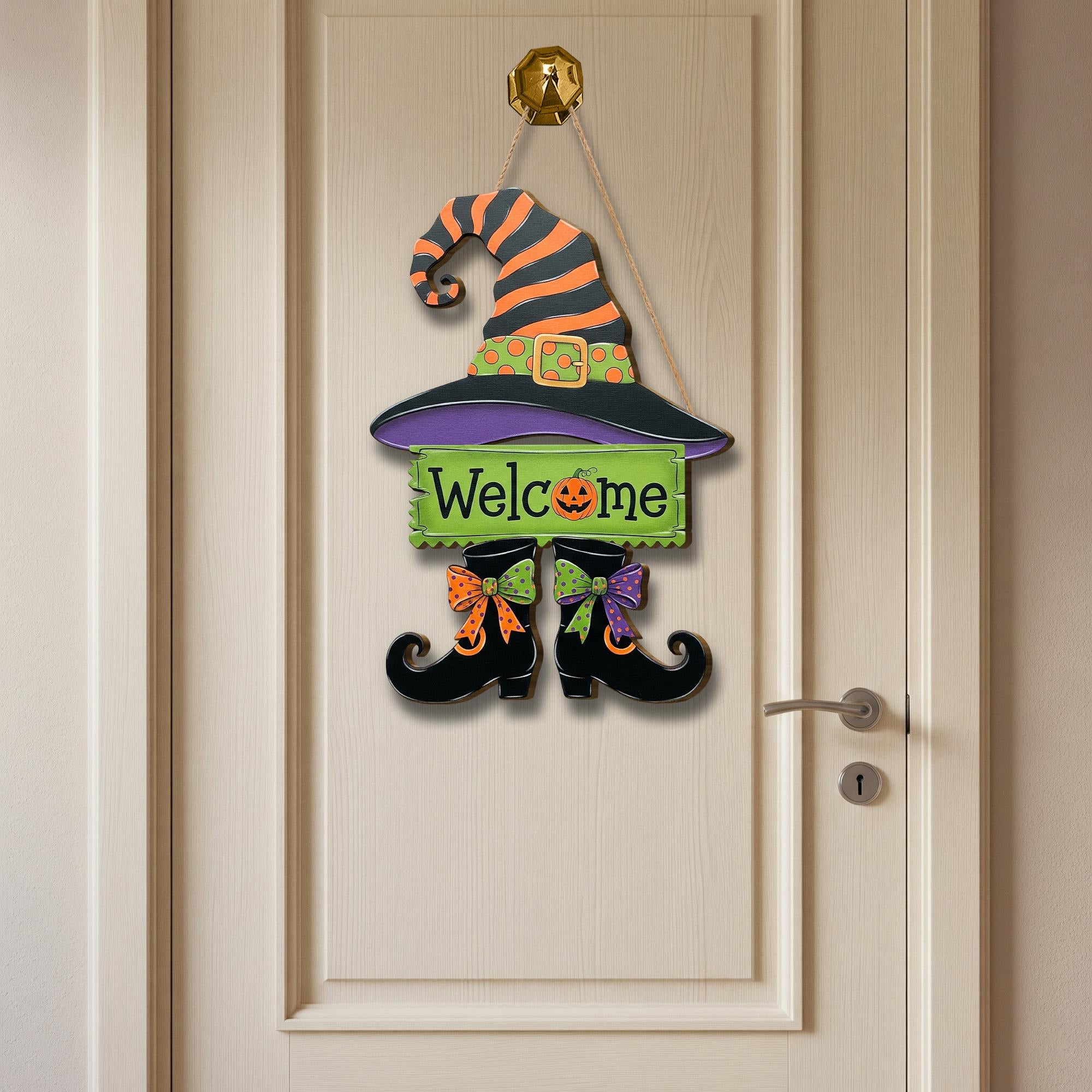 Witch Hat Welcome Door Hanger – Halloween Witch Boots Sign, Cute Fall Porch Decor, Spooky Home Entry Wall Art, Witchy Door Ornament