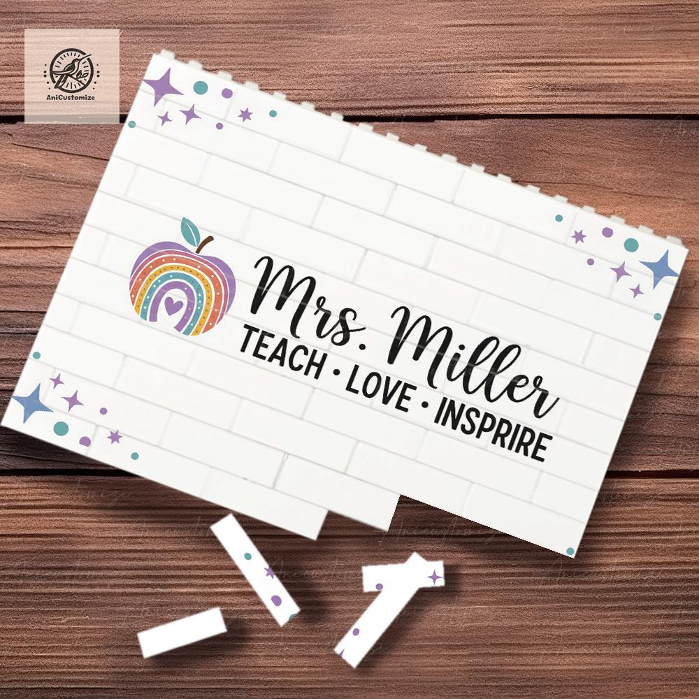 Custom Teacher Name Building Brick Sign – Floral Classroom Decor with “Helping Little Minds Grow” Quote – Personalized Gift for Teachers