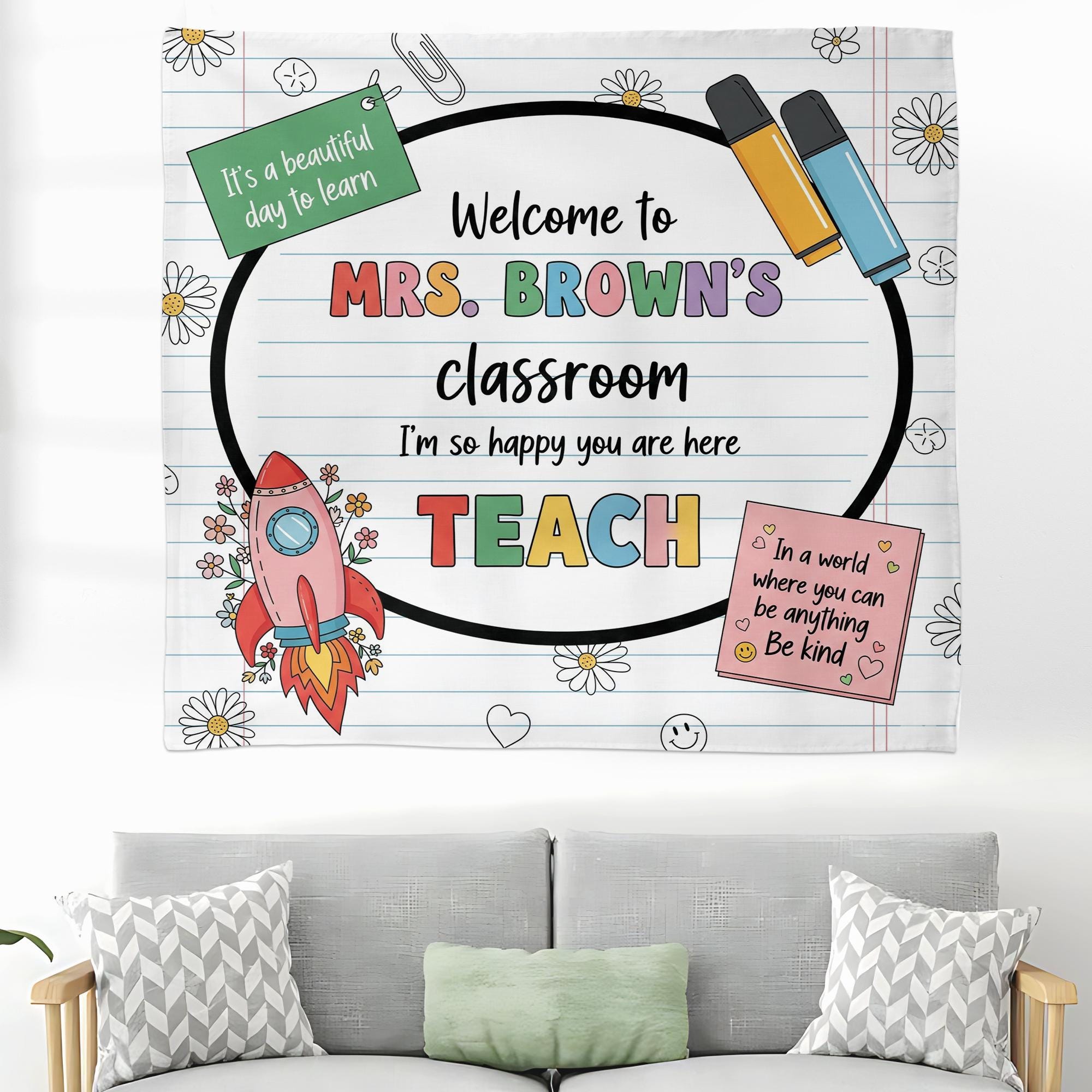 Personalized Classroom Tapestry, Teacher Welcome Sign, Cute Back to School Wall Decor, Custom Teacher Banner, Classroom Wall Art