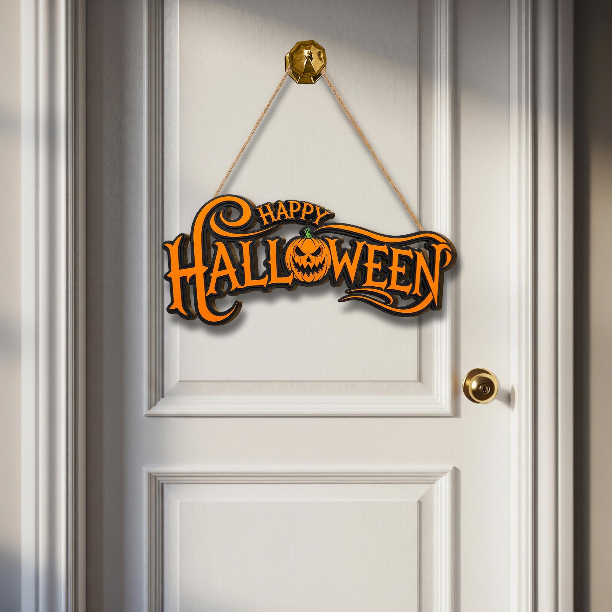 Happy Halloween Door Sign – Pumpkin Wall Hanger, Spooky Porch Decor, Orange Black Fall Sign, Halloween Party Welcome Ornament