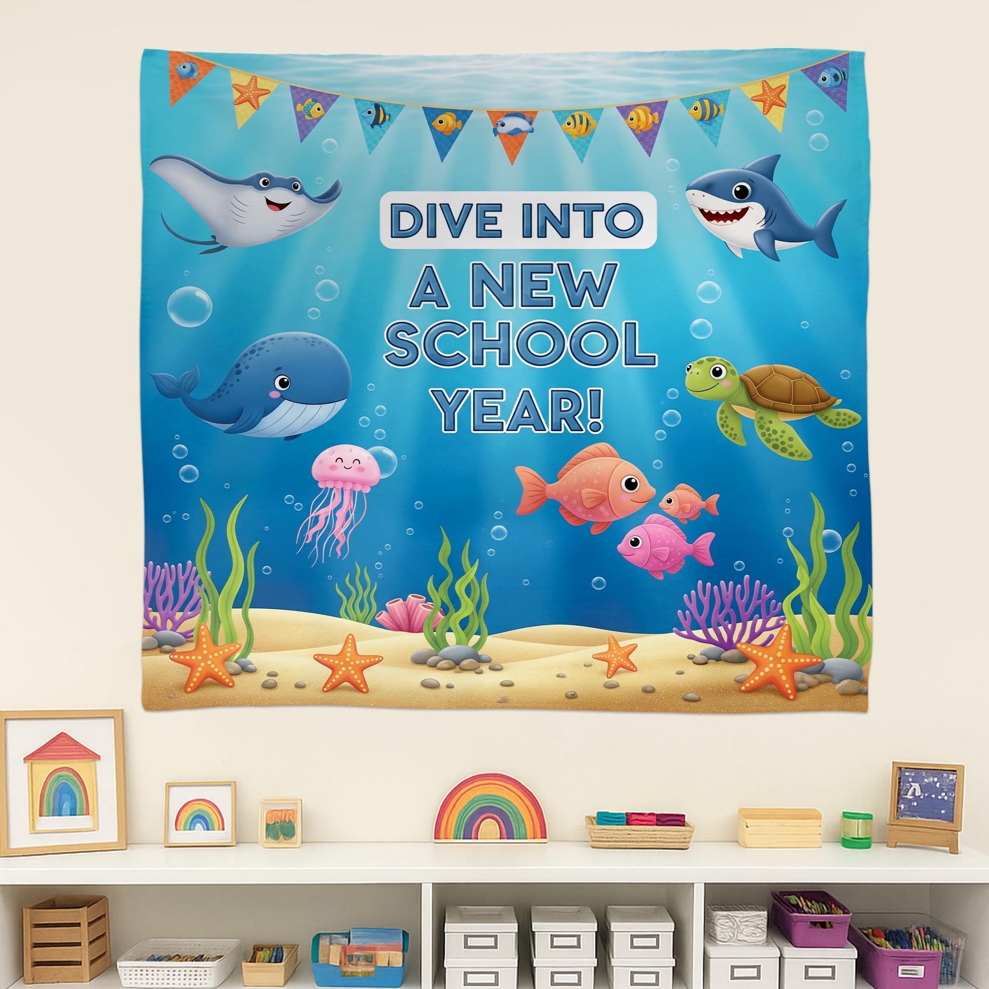 Ocean Theme Classroom Tapestry, Dive Into New School Year Banner, Under the Sea Teacher Decor, Back to School Wall Art