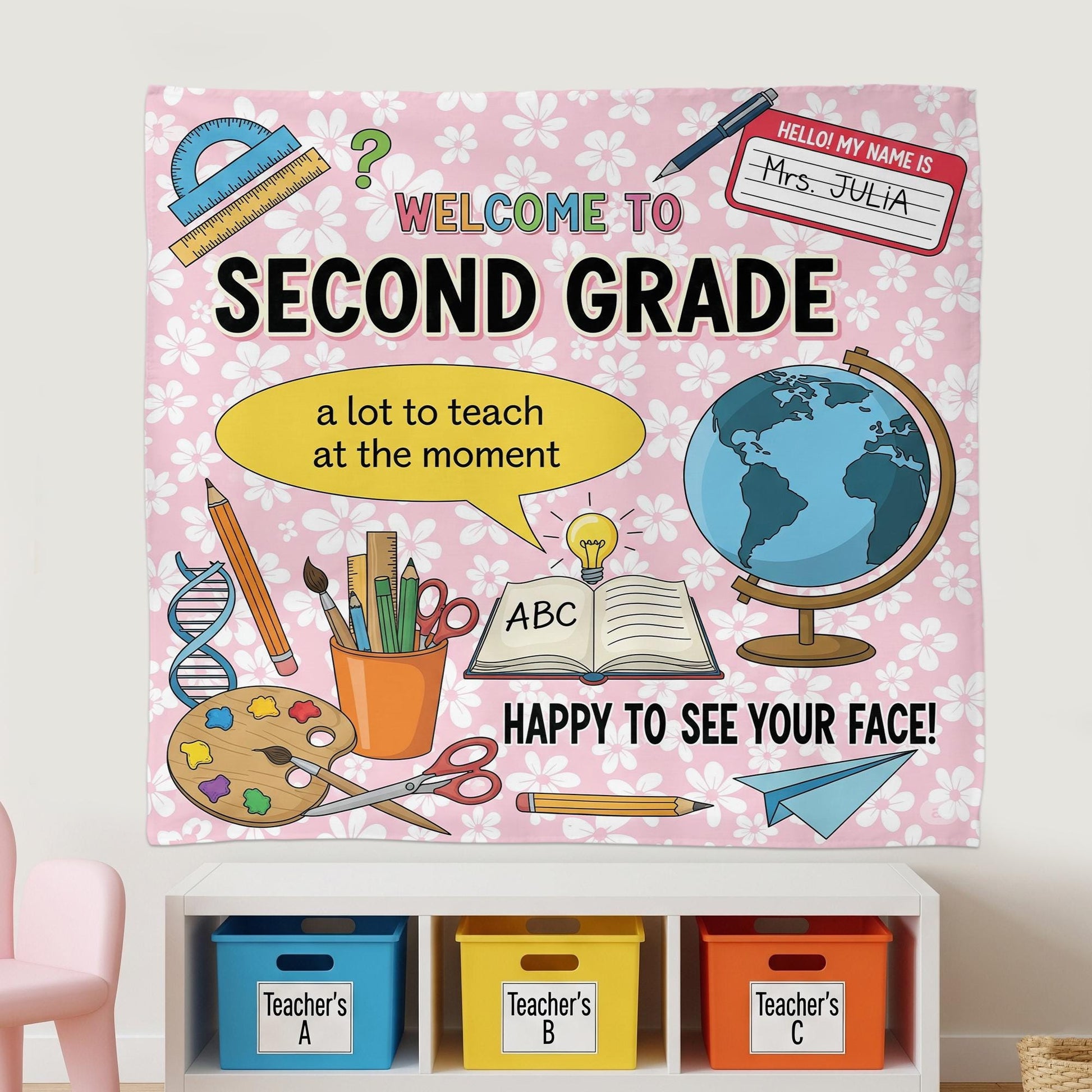 Welcome Back Teacher Tapestry, Grade Classroom Banner, Cute School Wall Decor, Personalized Grade Sign, Back to School Art