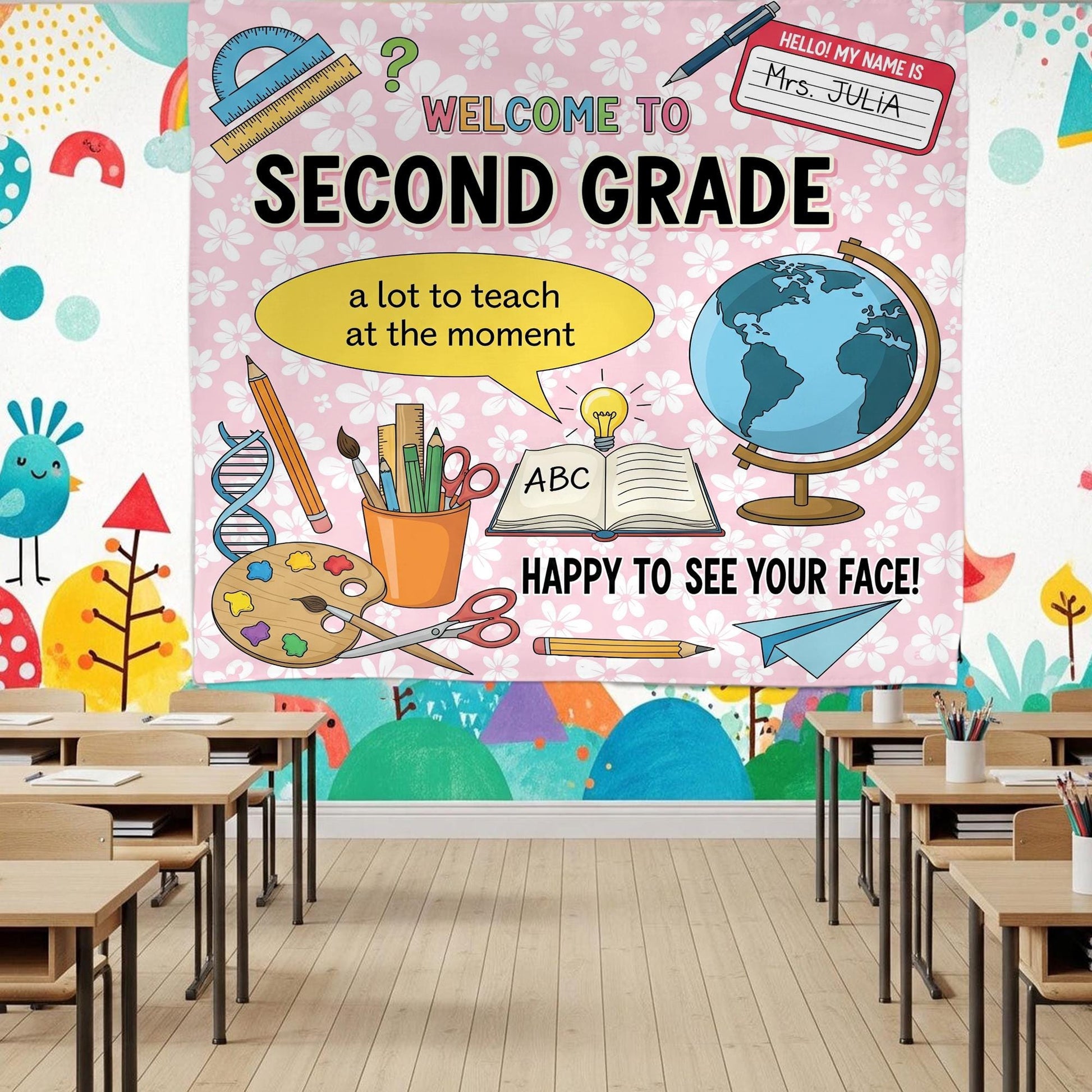 Welcome Back Teacher Tapestry, Grade Classroom Banner, Cute School Wall Decor, Personalized Grade Sign, Back to School Art