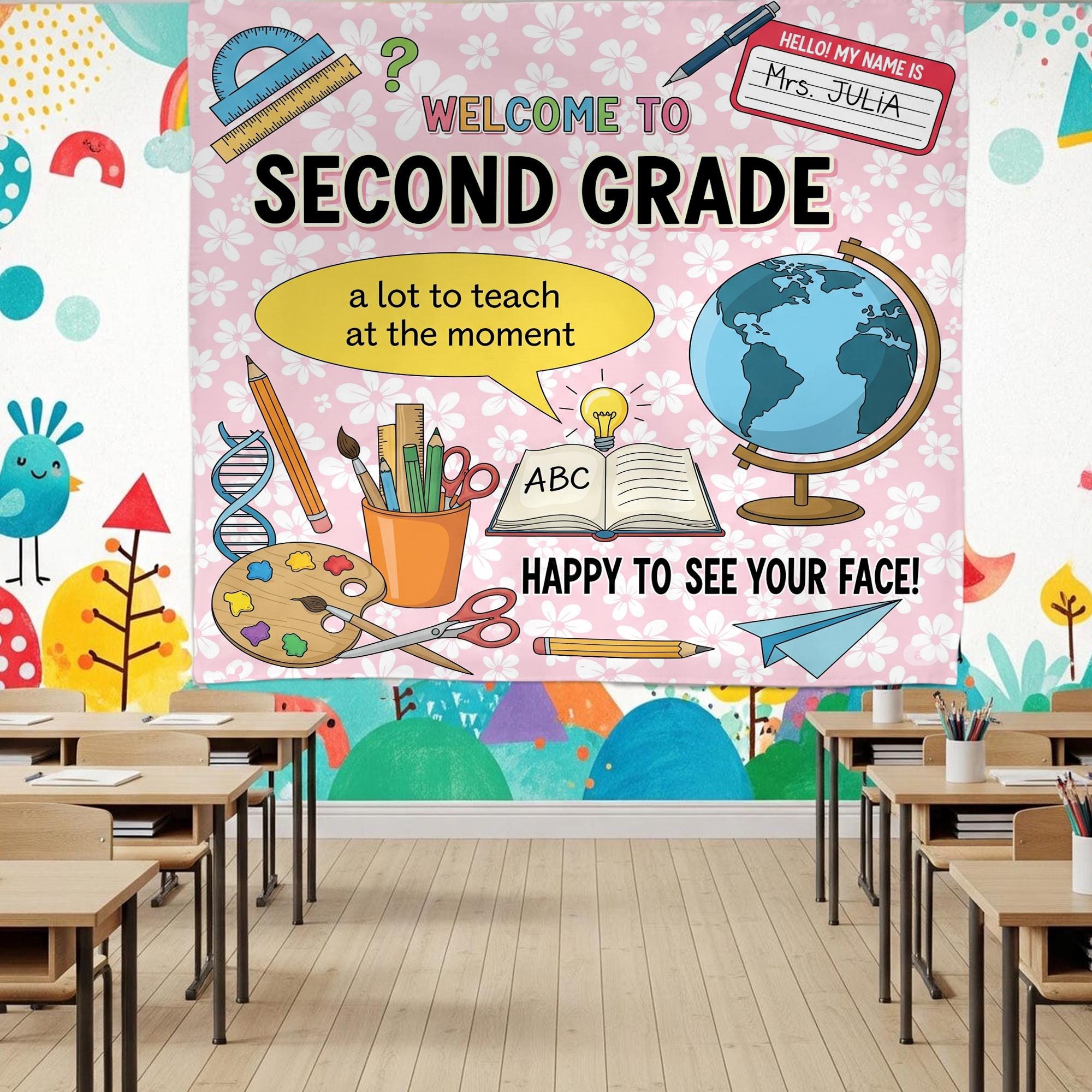 Welcome Back Teacher Tapestry, Grade Classroom Banner, Cute School Wall Decor, Personalized Grade Sign, Back to School Art