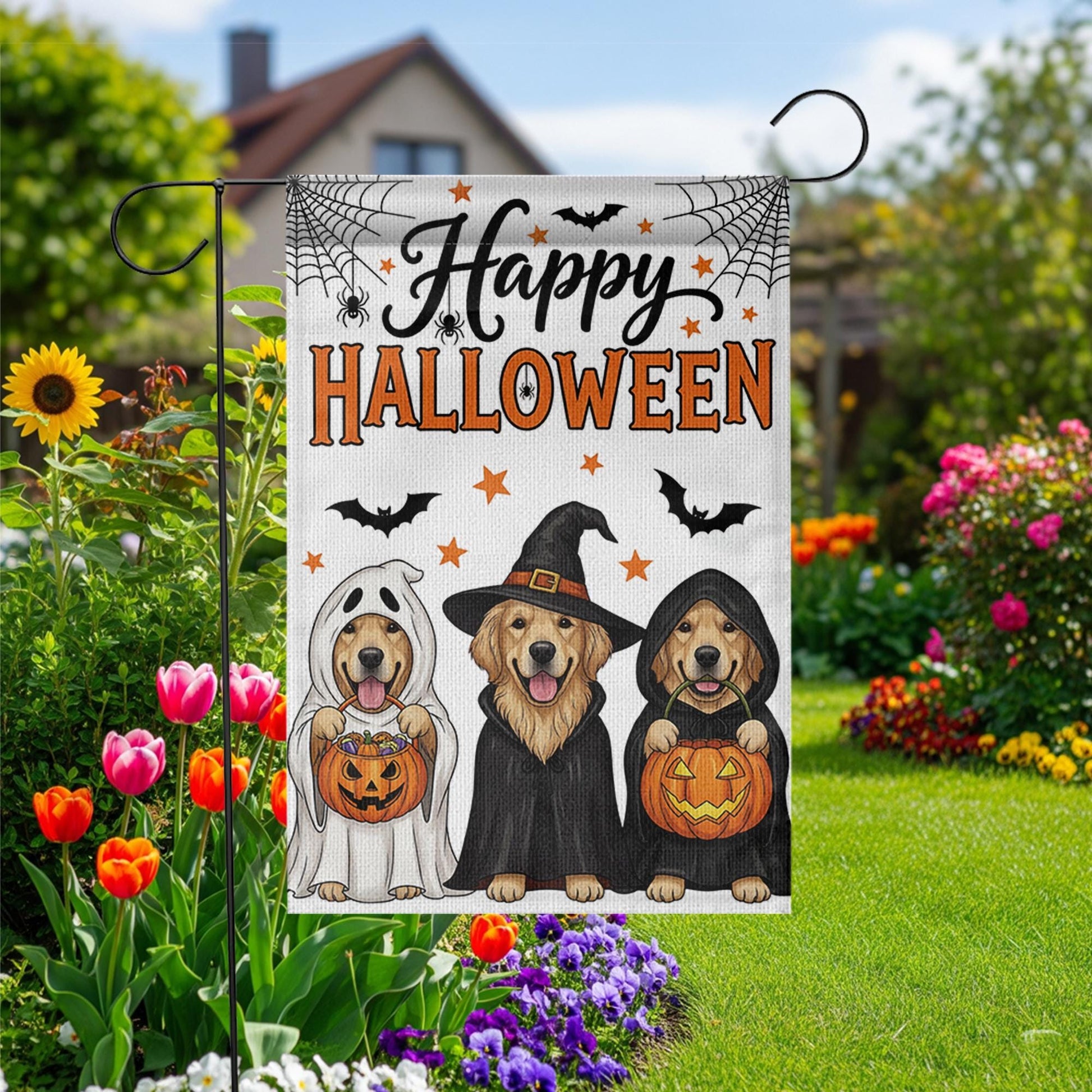 Halloween Dog Garden Flag , Golden Retriever Fall Yard Decor, Cute Dog Witch Ghost Banner, Trick or Treat Outdoor Decoration