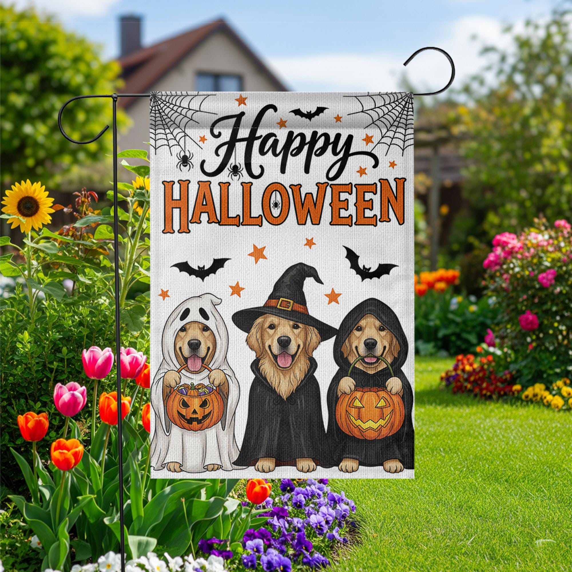 Halloween Dog Garden Flag , Golden Retriever Fall Yard Decor, Cute Dog Witch Ghost Banner, Trick or Treat Outdoor Decoration