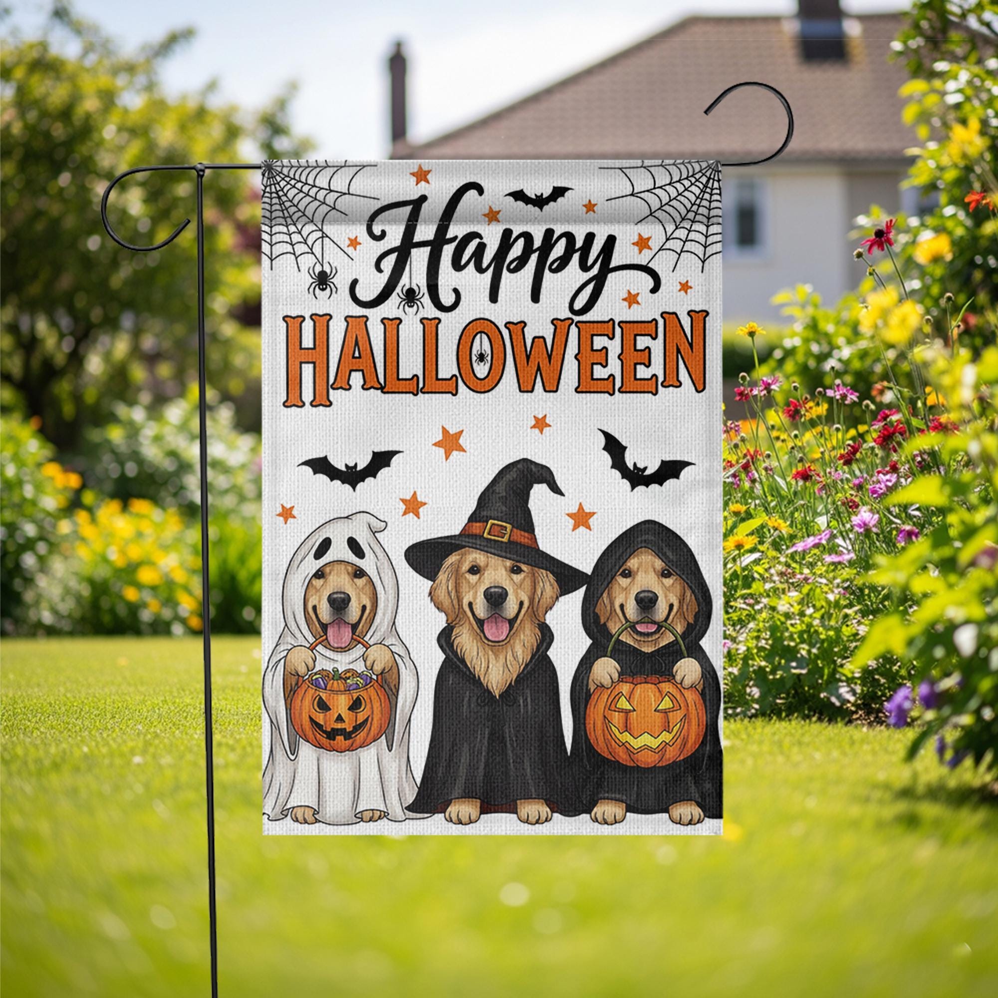 Halloween Dog Garden Flag , Golden Retriever Fall Yard Decor, Cute Dog Witch Ghost Banner, Trick or Treat Outdoor Decoration