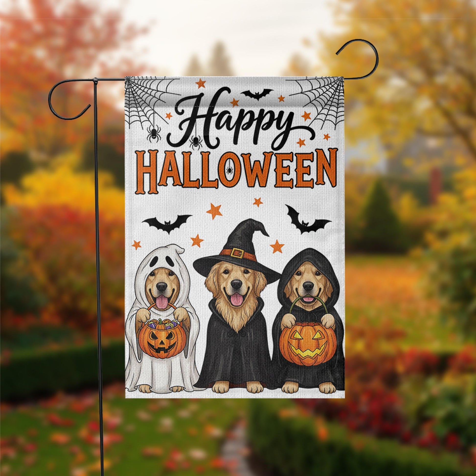 Halloween Dog Garden Flag , Golden Retriever Fall Yard Decor, Cute Dog Witch Ghost Banner, Trick or Treat Outdoor Decoration