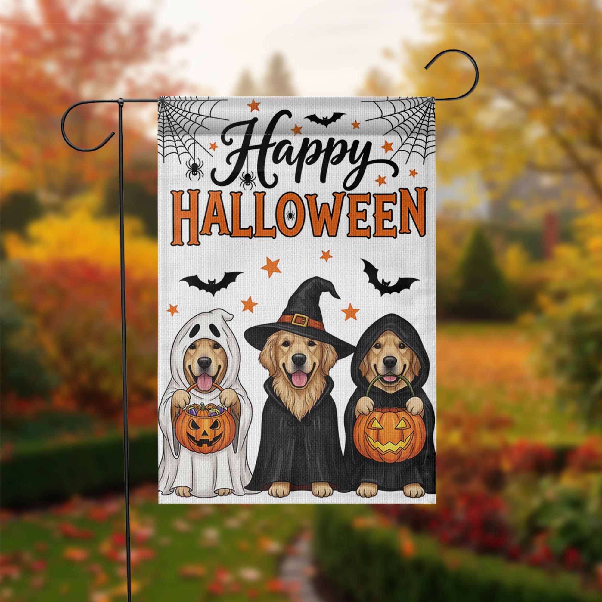 Halloween Dog Garden Flag , Golden Retriever Fall Yard Decor, Cute Dog Witch Ghost Banner, Trick or Treat Outdoor Decoration