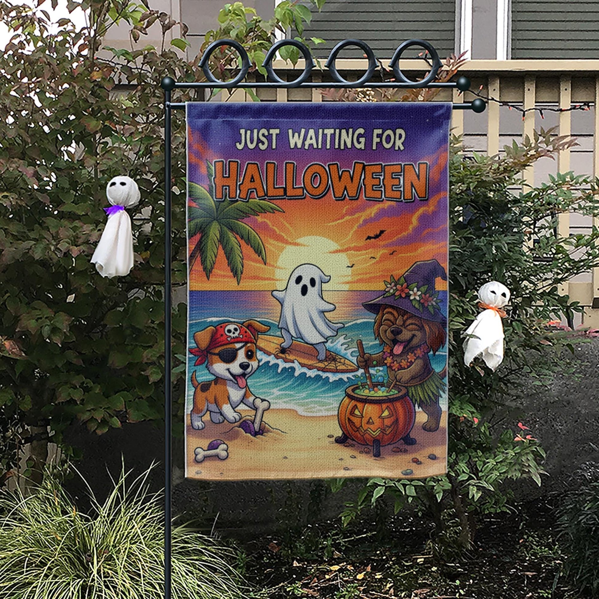 Beach Halloween Dog Garden Flag – Funny Coastal Trick or Treat Yard Decor, Tropical Ghost Pirate Witch Puppy Banner