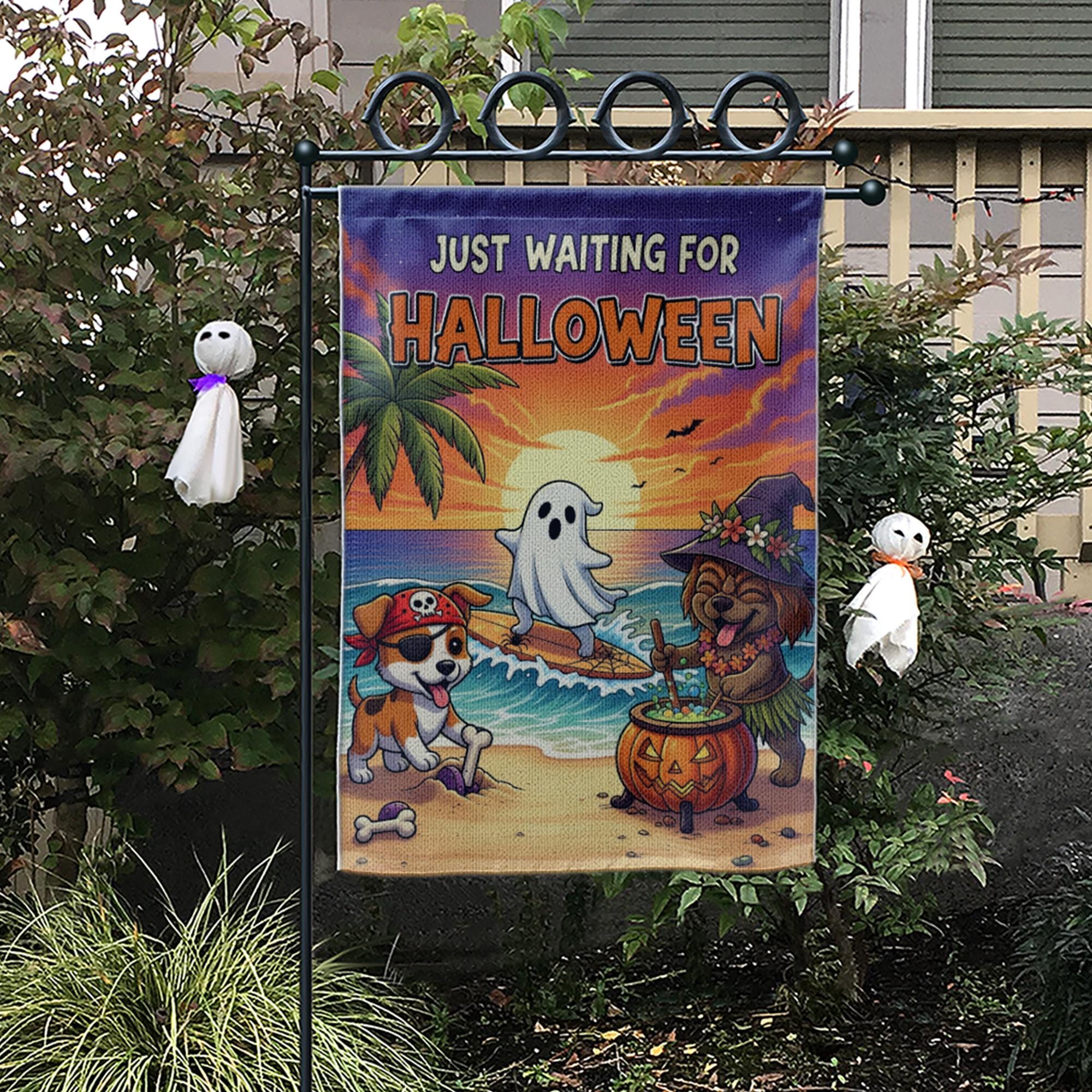 Beach Halloween Dog Garden Flag – Funny Coastal Trick or Treat Yard Decor, Tropical Ghost Pirate Witch Puppy Banner