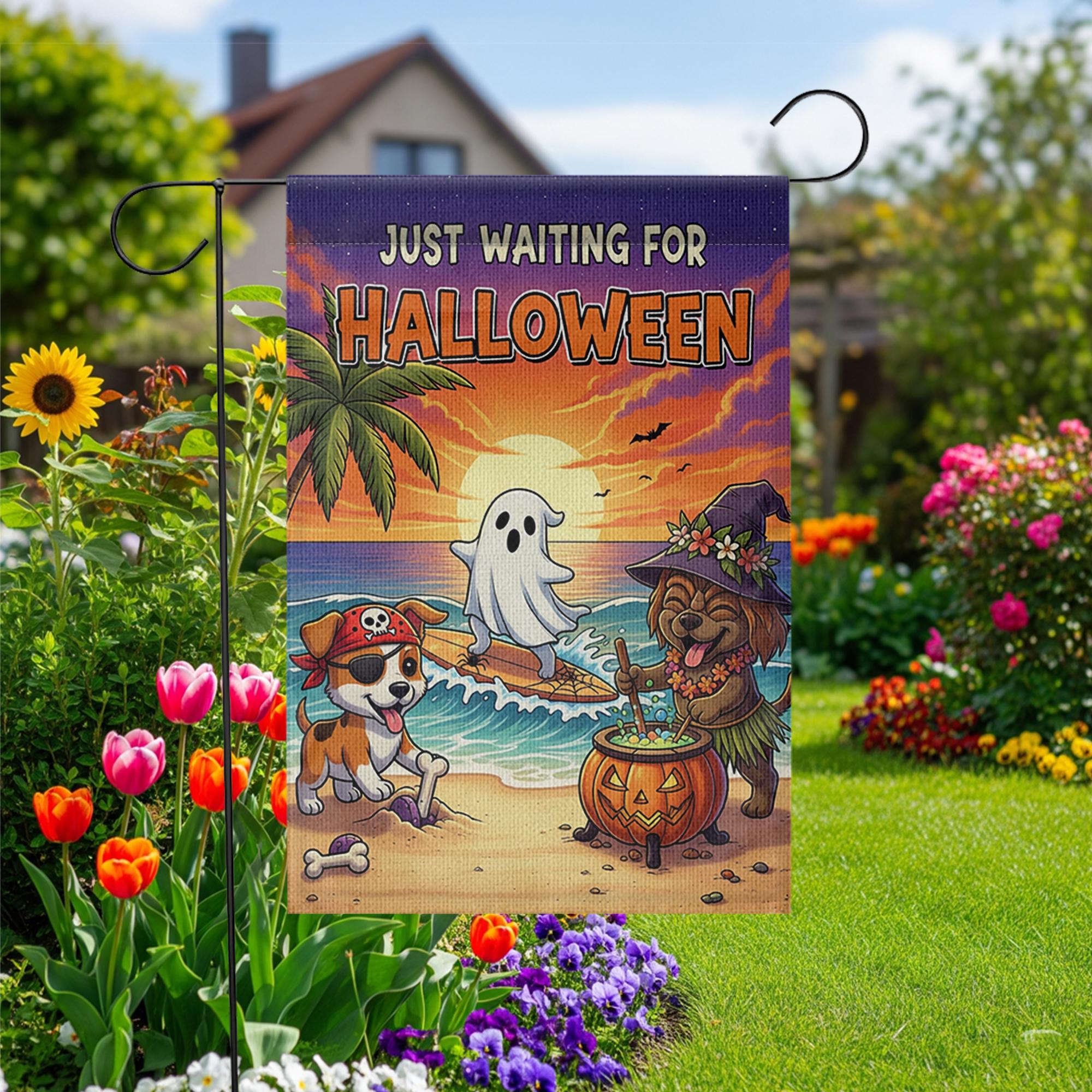 Beach Halloween Dog Garden Flag – Funny Coastal Trick or Treat Yard Decor, Tropical Ghost Pirate Witch Puppy Banner