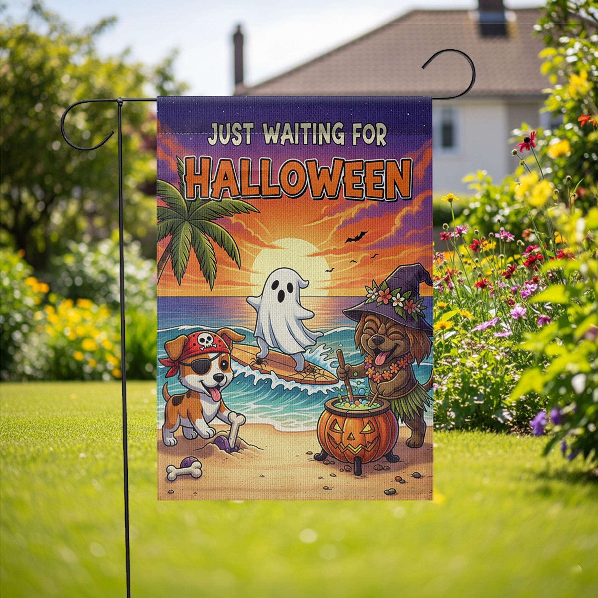 Beach Halloween Dog Garden Flag – Funny Coastal Trick or Treat Yard Decor, Tropical Ghost Pirate Witch Puppy Banner