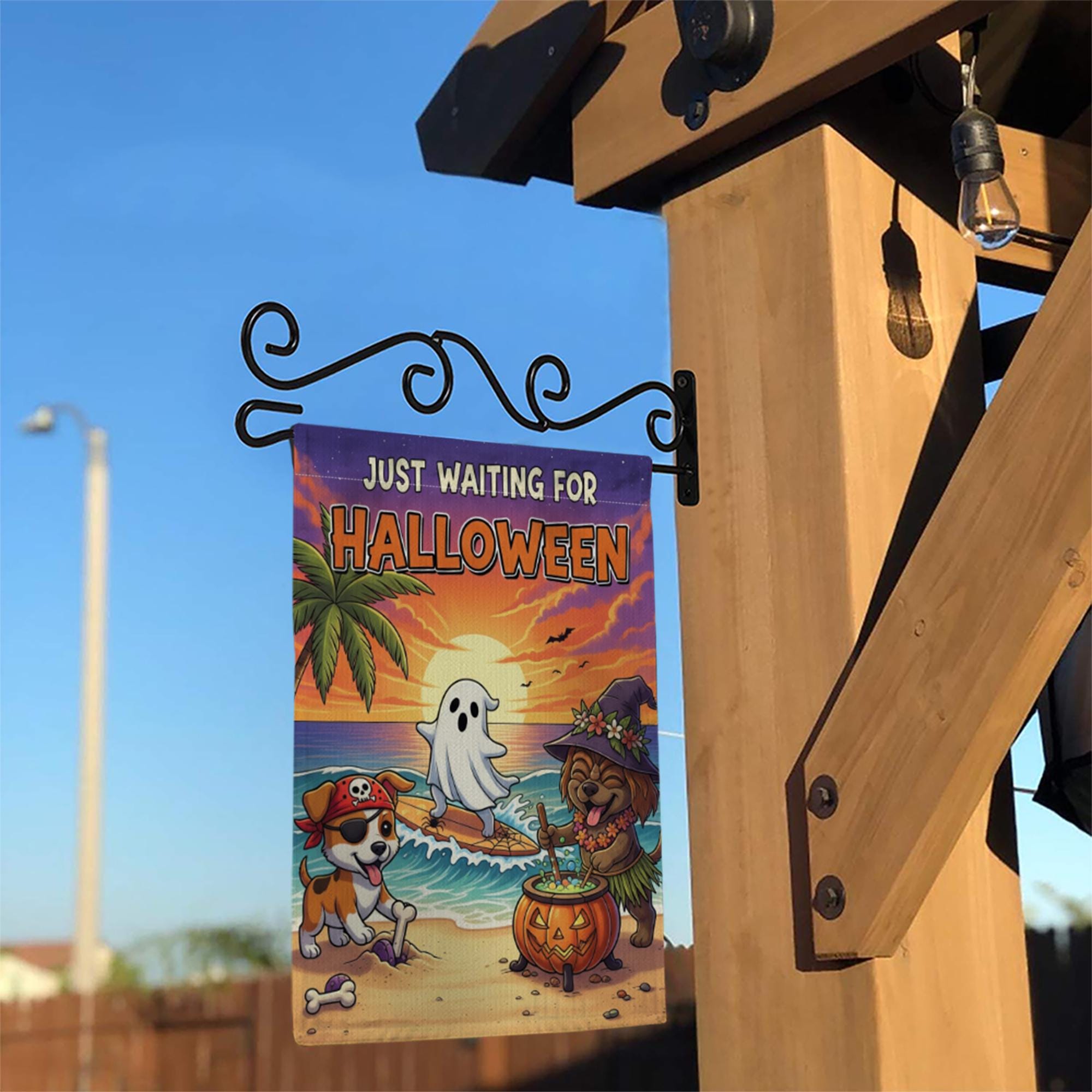 Beach Halloween Dog Garden Flag – Funny Coastal Trick or Treat Yard Decor, Tropical Ghost Pirate Witch Puppy Banner