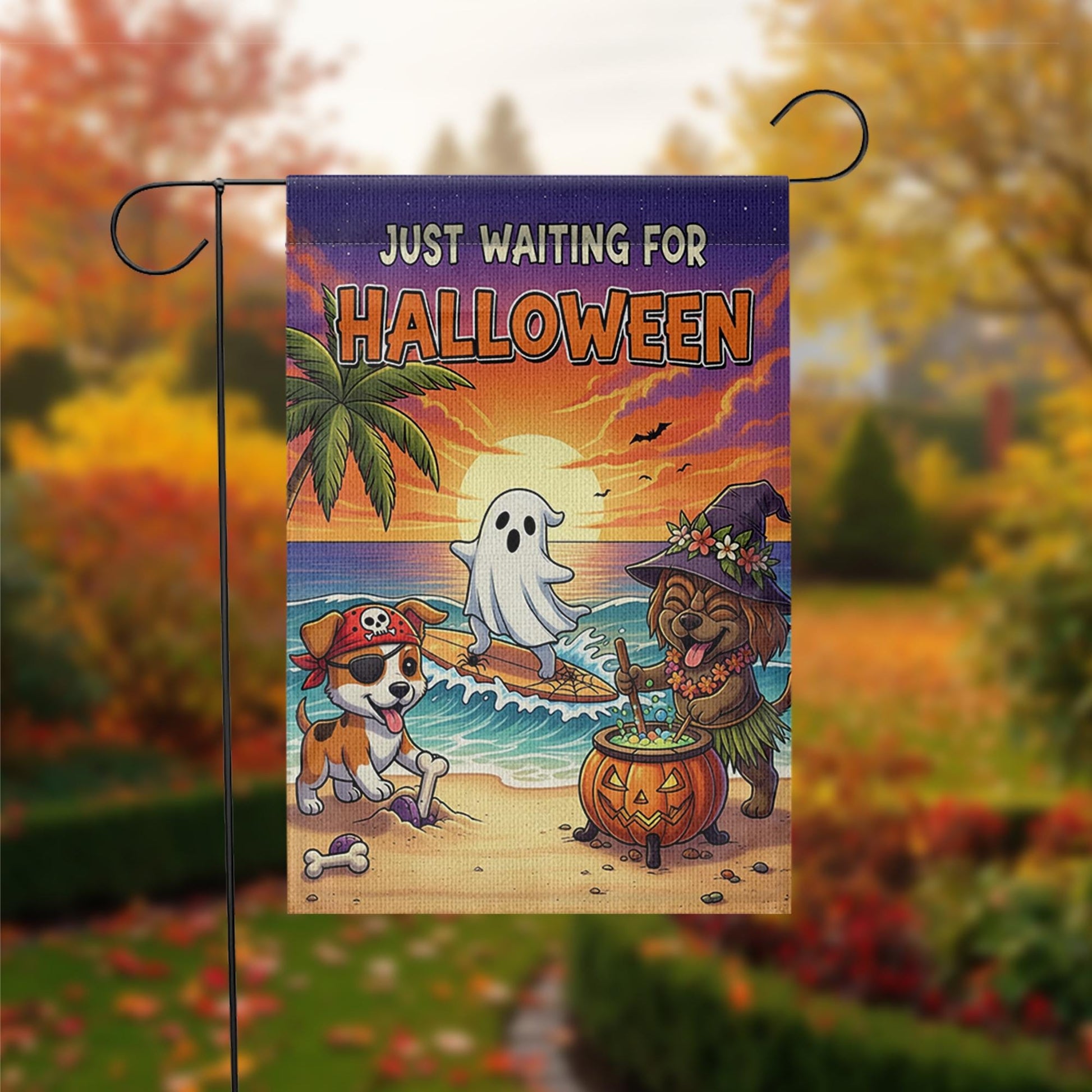 Beach Halloween Dog Garden Flag – Funny Coastal Trick or Treat Yard Decor, Tropical Ghost Pirate Witch Puppy Banner