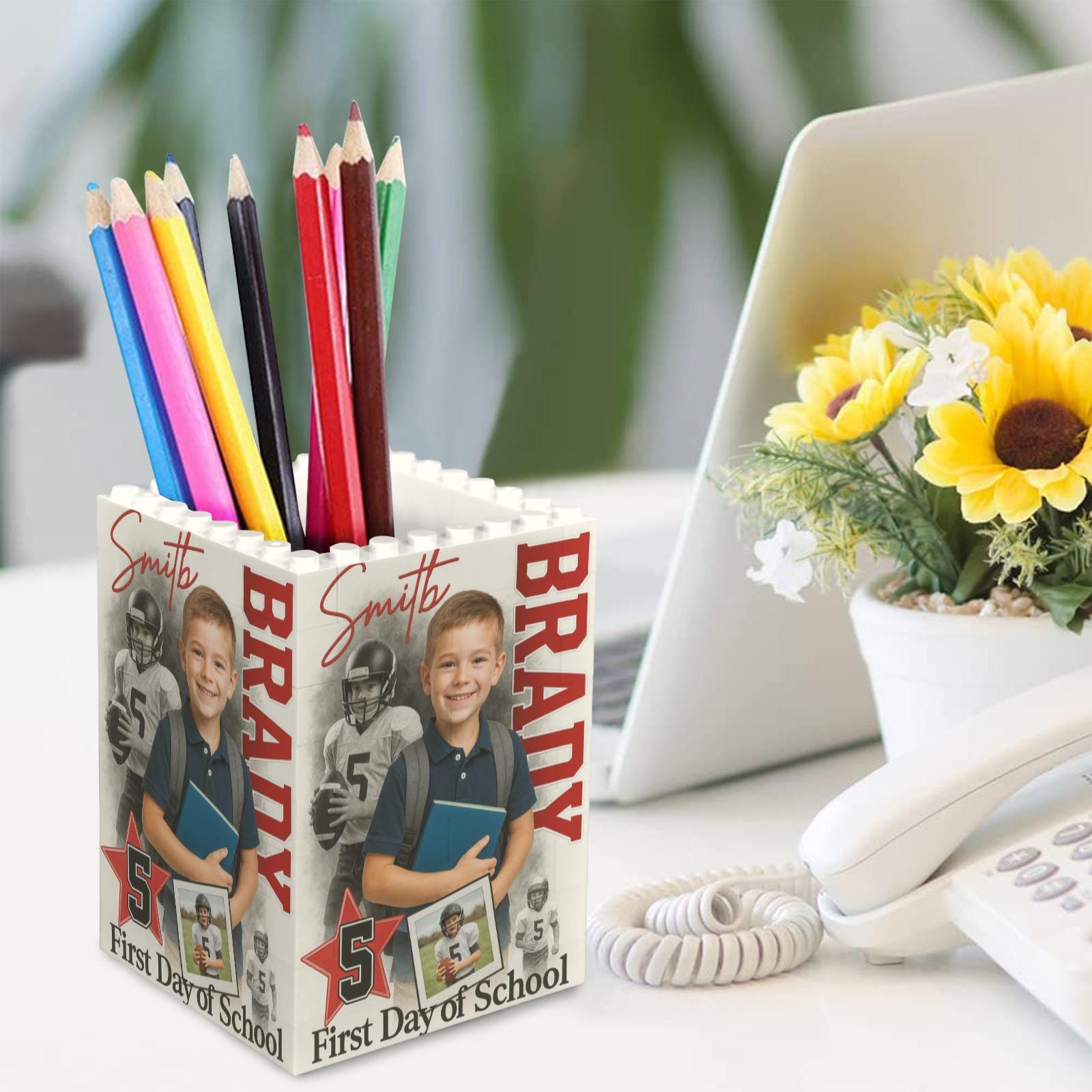 Custom Photo Football Pencil Holder, Kid First Day of School Keepsake, Brick Pen Organizer, Personalized Desk Gift for Football Lovers