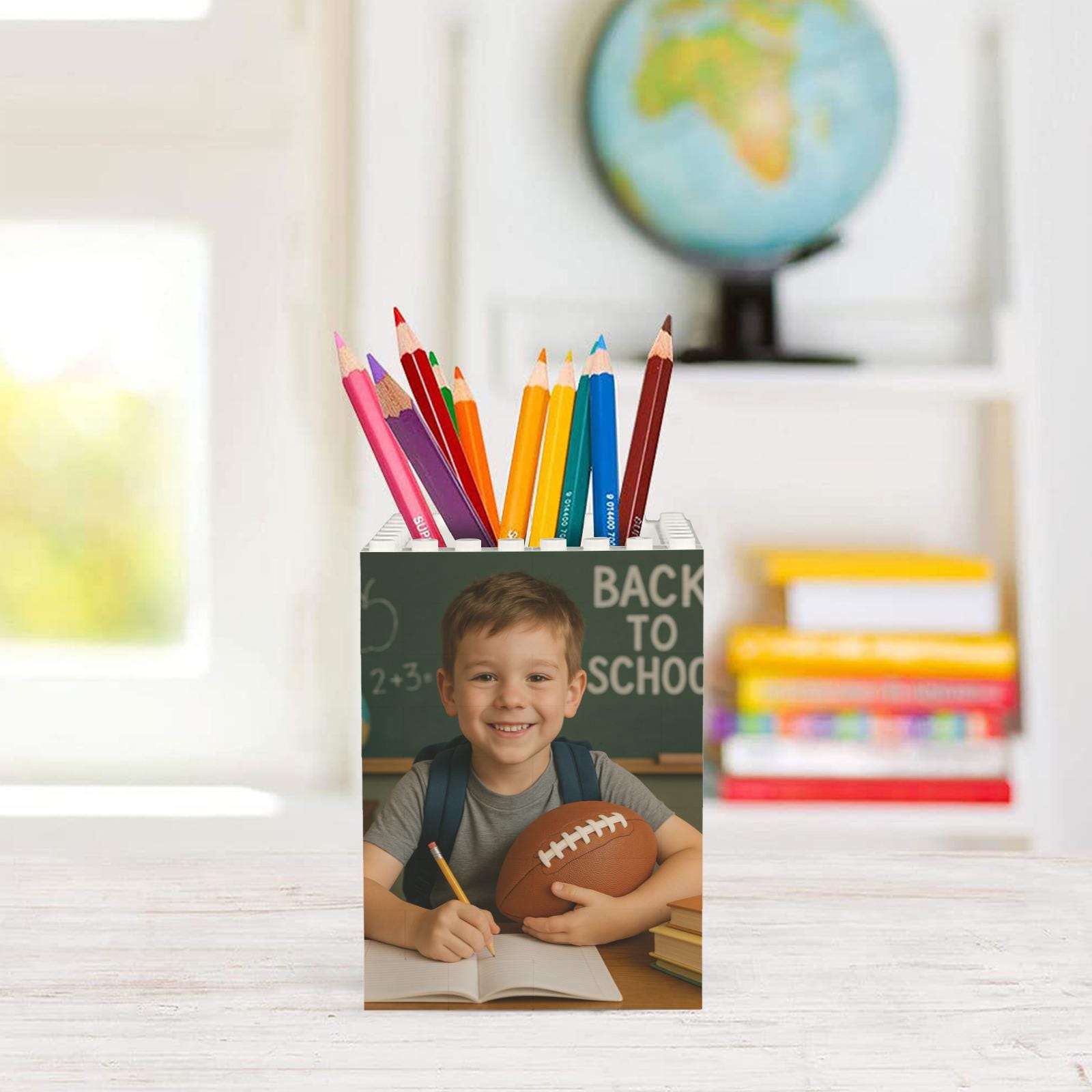 Custom Photo Football Pencil Holder, Kid First Day of School Keepsake, Brick Pen Organizer, Personalized Desk Gift for Football Lovers