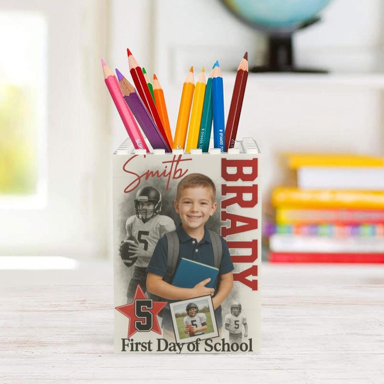 Custom Photo Football Pencil Holder, Kid First Day of School Keepsake, Brick Pen Organizer, Personalized Desk Gift for Football Lovers