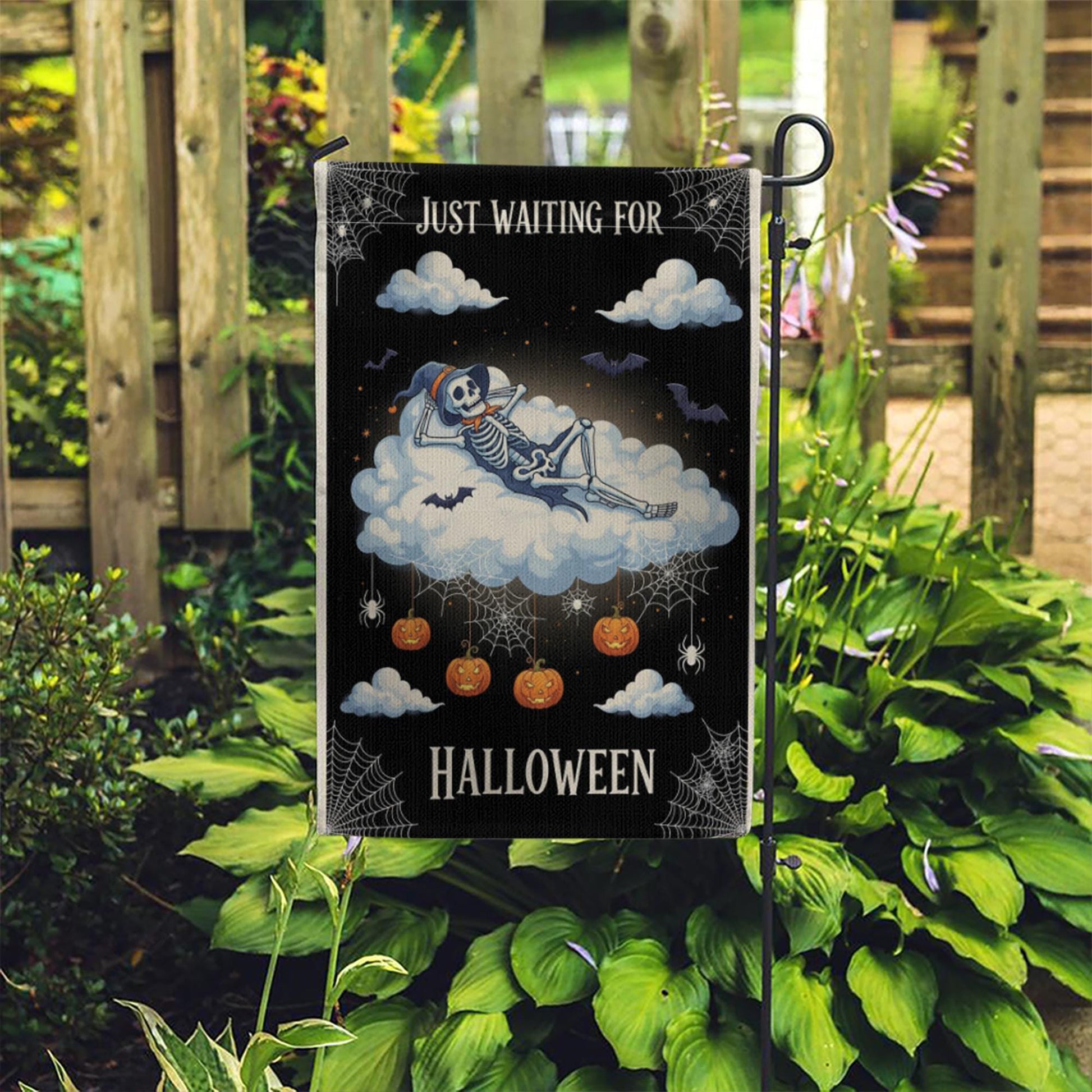 Just Waiting for Halloween Flag – Cute Skeleton Cloud Garden Sign, Spooky Pumpkin Spider Web Fall Outdoor Decor