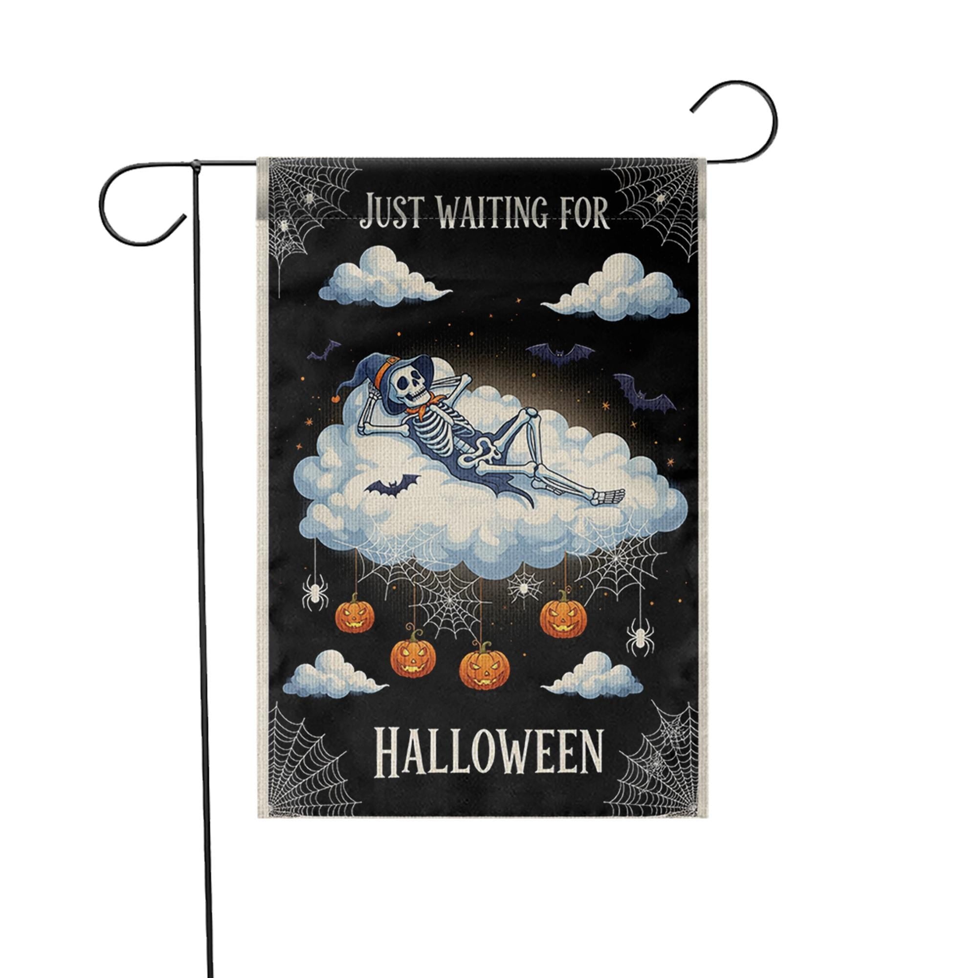 Just Waiting for Halloween Flag – Cute Skeleton Cloud Garden Sign, Spooky Pumpkin Spider Web Fall Outdoor Decor