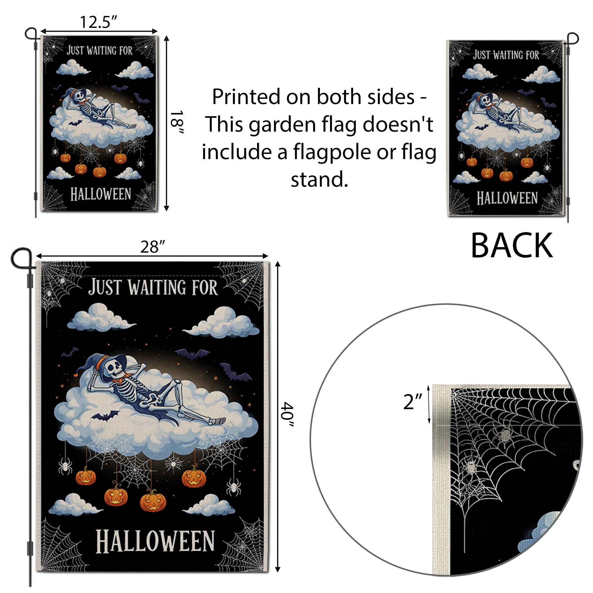 Just Waiting for Halloween Flag – Cute Skeleton Cloud Garden Sign, Spooky Pumpkin Spider Web Fall Outdoor Decor