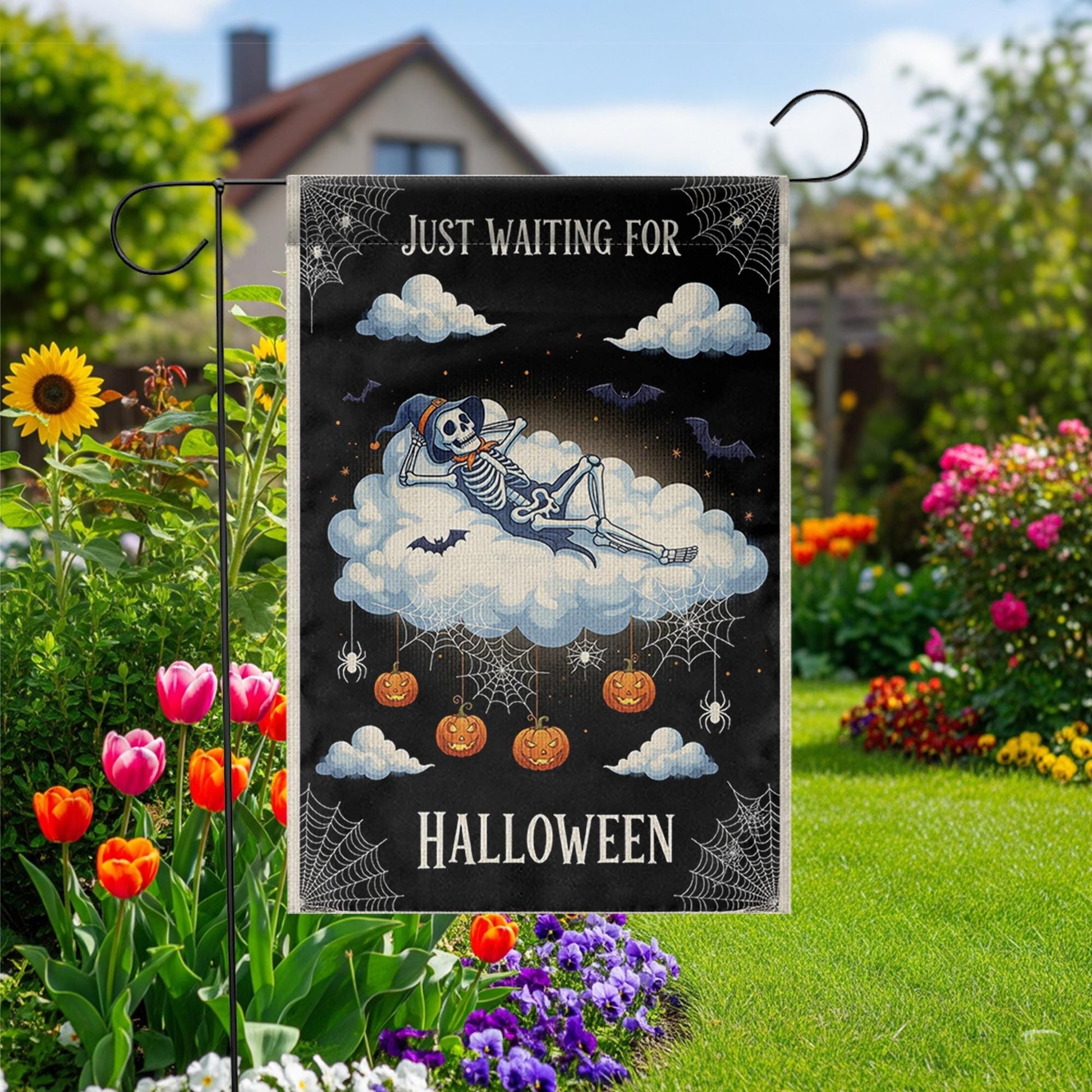 Just Waiting for Halloween Flag – Cute Skeleton Cloud Garden Sign, Spooky Pumpkin Spider Web Fall Outdoor Decor
