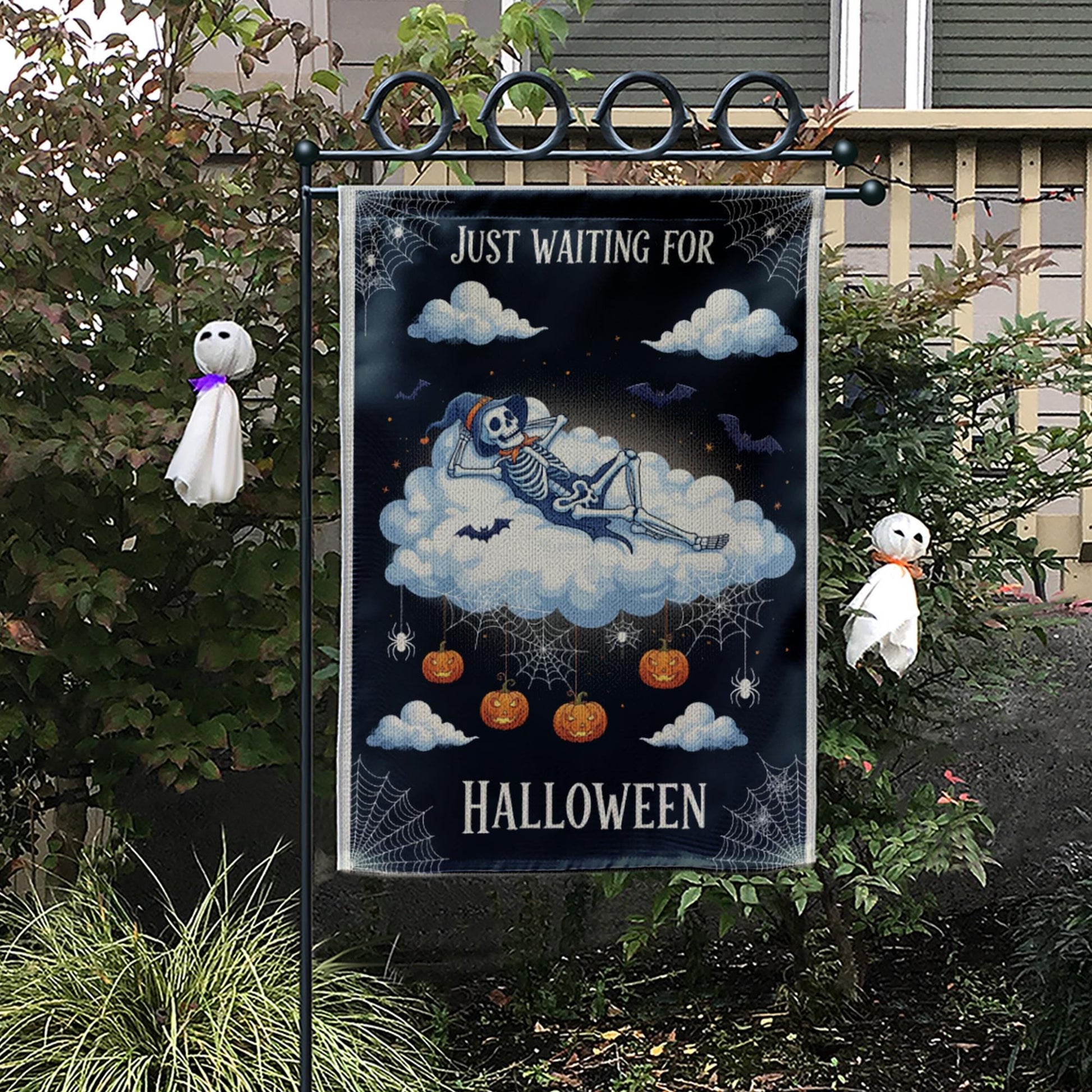 Just Waiting for Halloween Flag – Cute Skeleton Cloud Garden Sign, Spooky Pumpkin Spider Web Fall Outdoor Decor