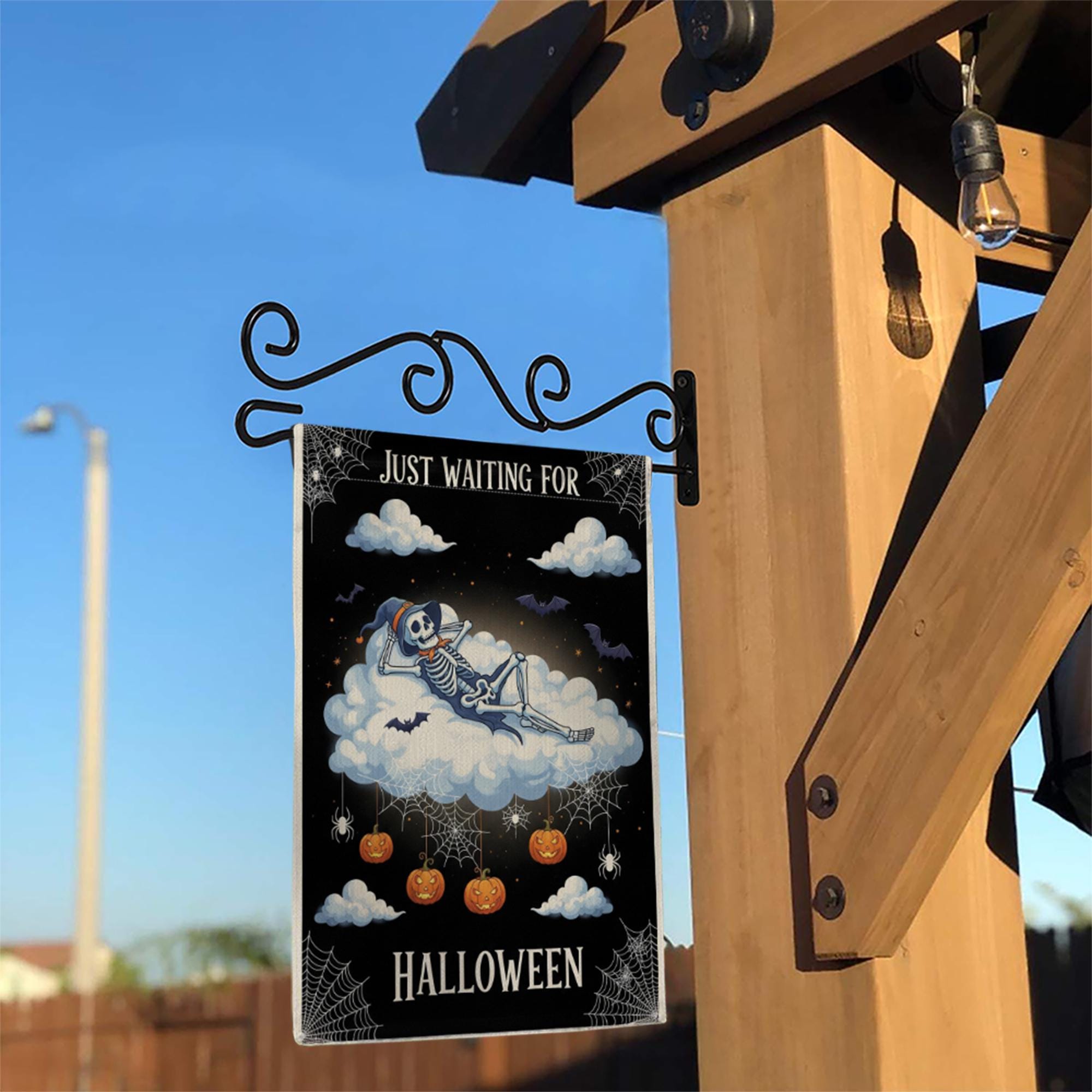 Just Waiting for Halloween Flag – Cute Skeleton Cloud Garden Sign, Spooky Pumpkin Spider Web Fall Outdoor Decor