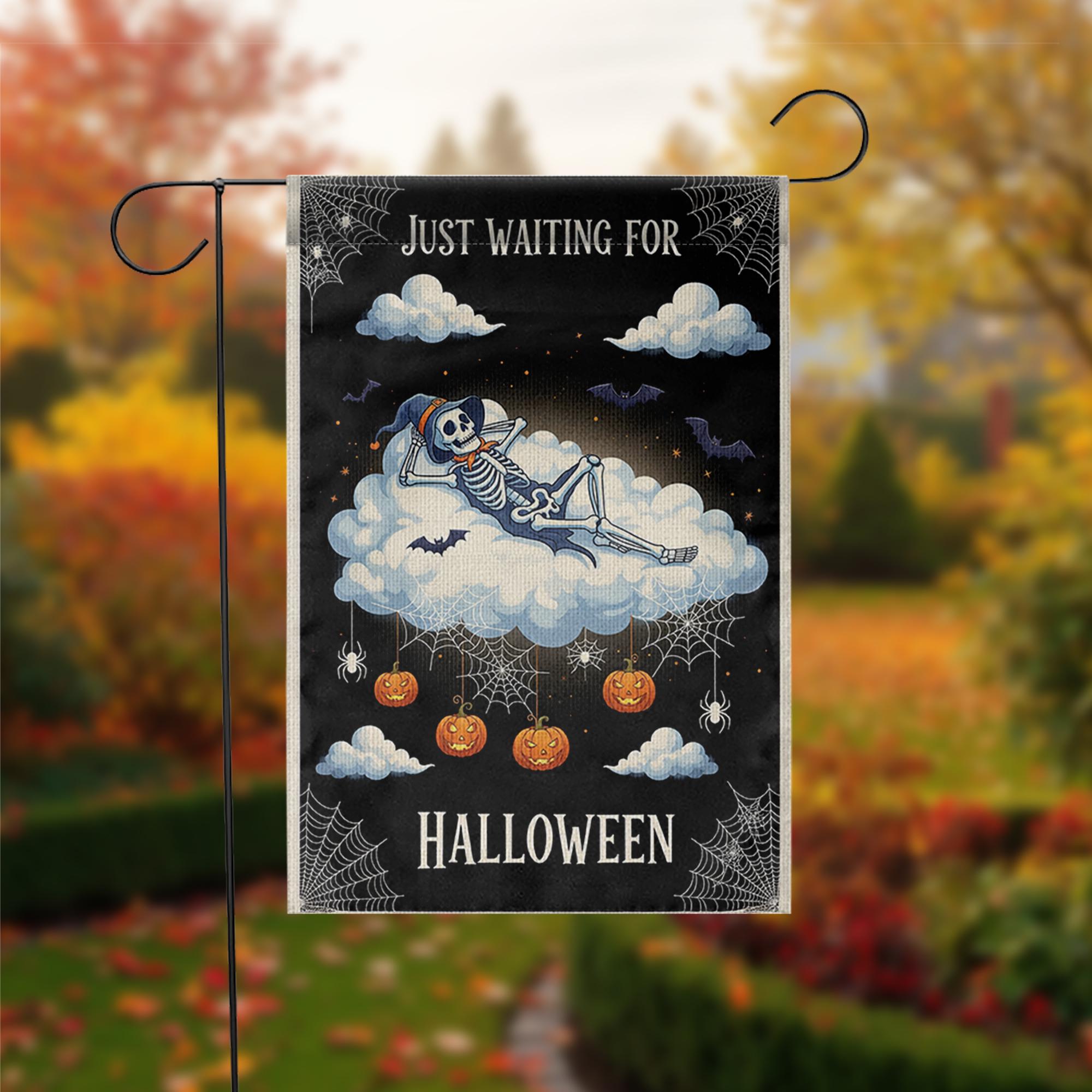 Just Waiting for Halloween Flag – Cute Skeleton Cloud Garden Sign, Spooky Pumpkin Spider Web Fall Outdoor Decor