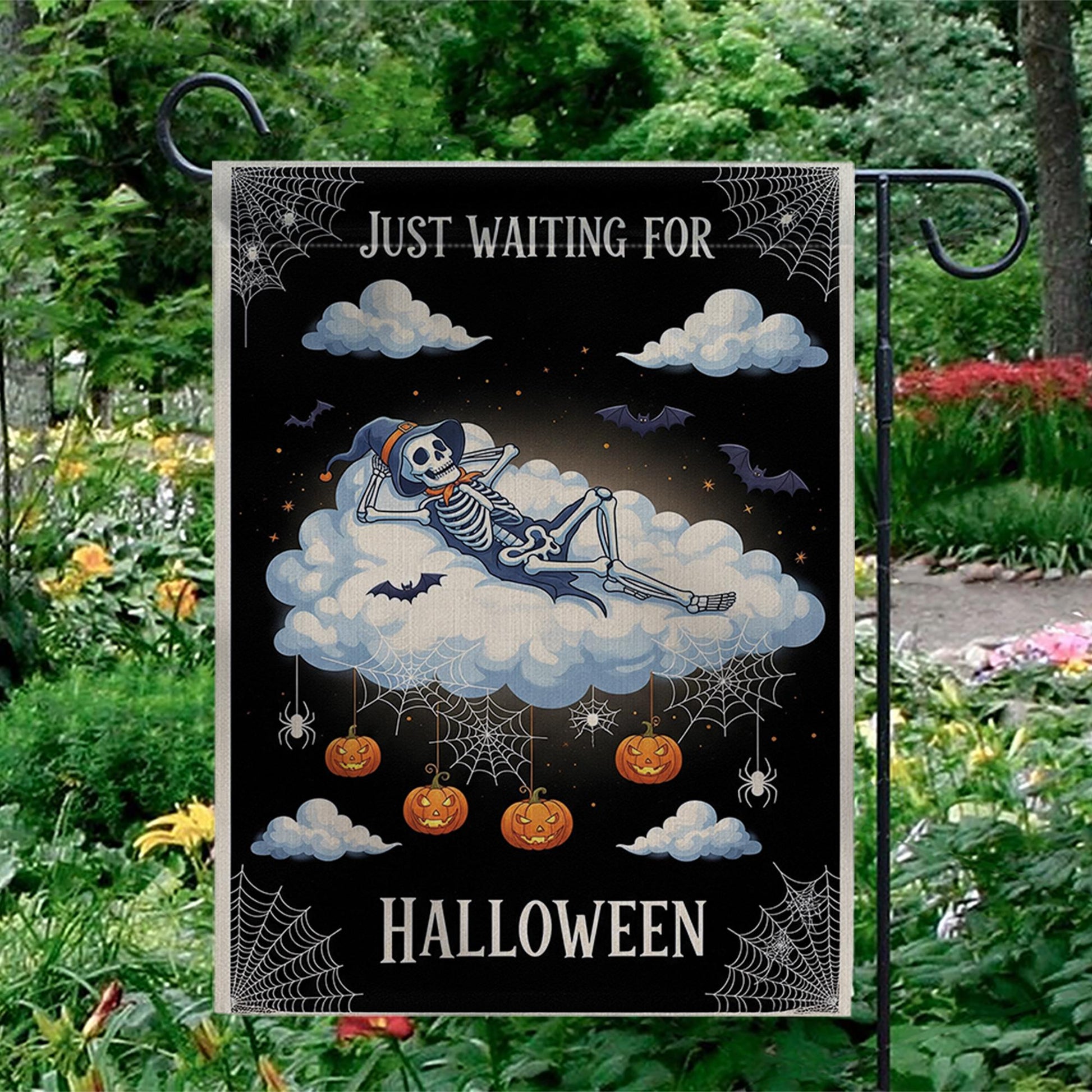 Just Waiting for Halloween Flag – Cute Skeleton Cloud Garden Sign, Spooky Pumpkin Spider Web Fall Outdoor Decor