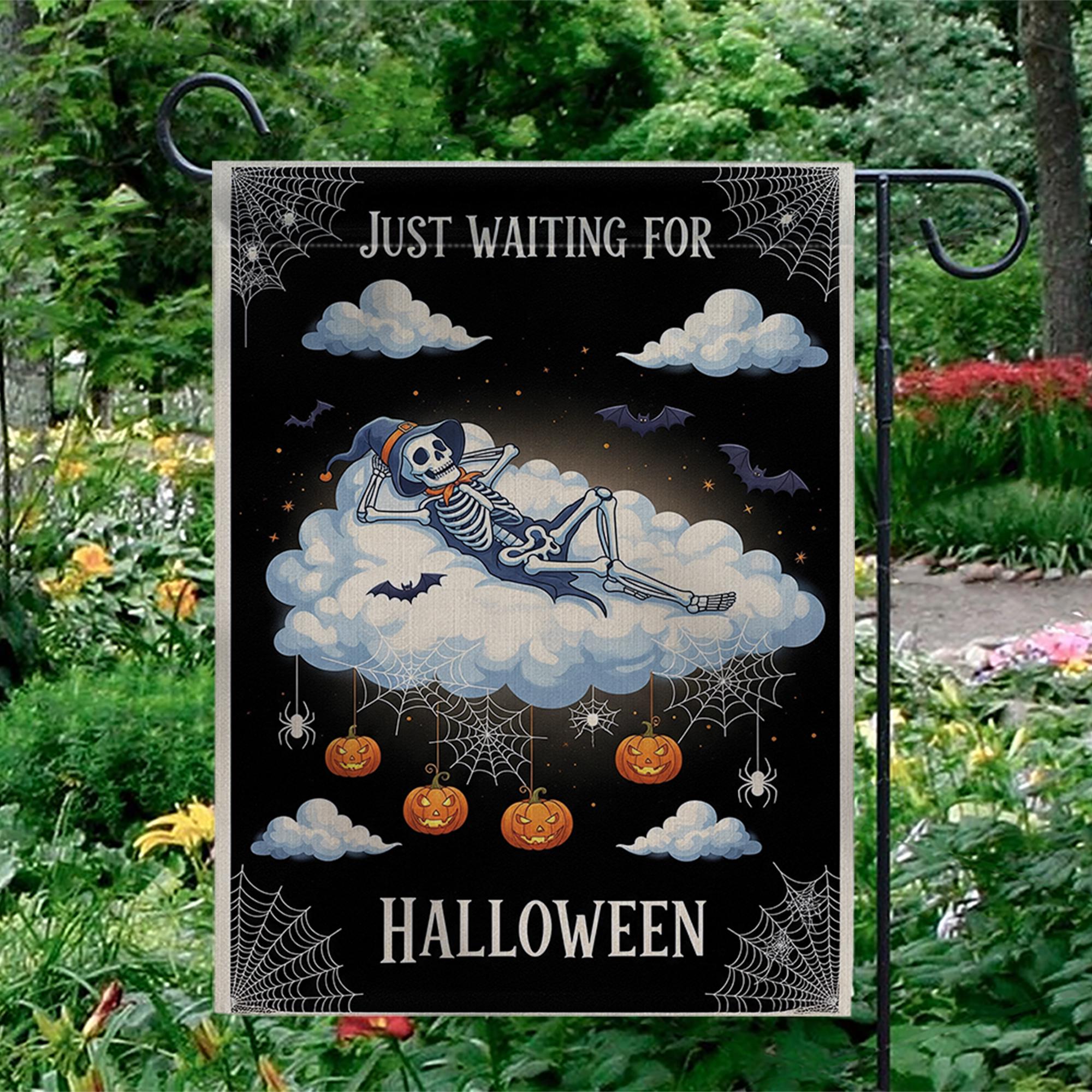 Just Waiting for Halloween Flag – Cute Skeleton Cloud Garden Sign, Spooky Pumpkin Spider Web Fall Outdoor Decor