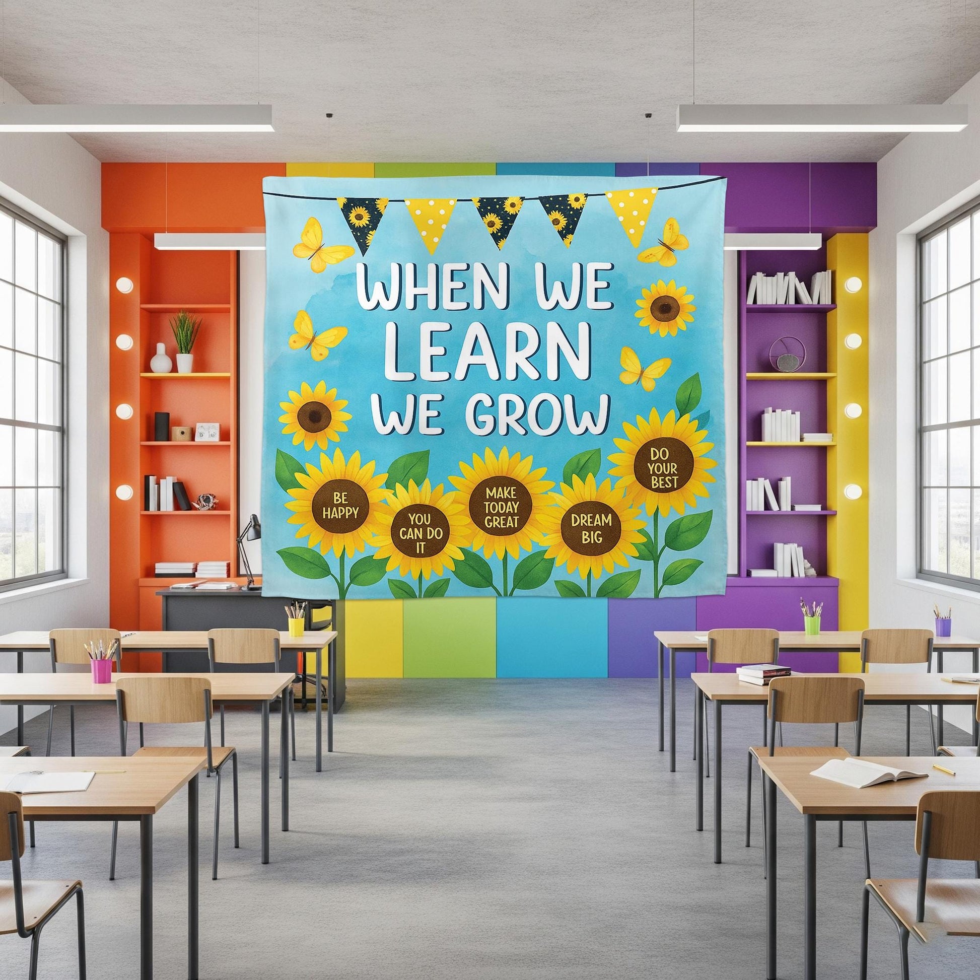 Sunflower Classroom Wall Tapestry – When We Learn We Grow Banner with Positive Quotes – Motivational Teacher Decor for Back To School, Class