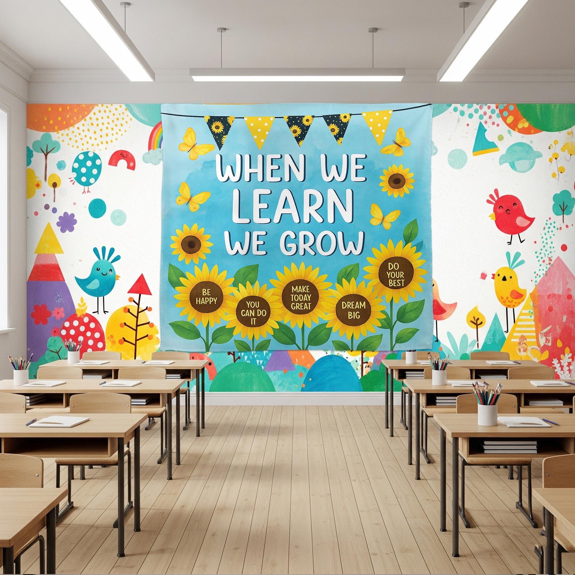 Sunflower Classroom Wall Tapestry – When We Learn We Grow Banner with Positive Quotes – Motivational Teacher Decor for Back To School, Class