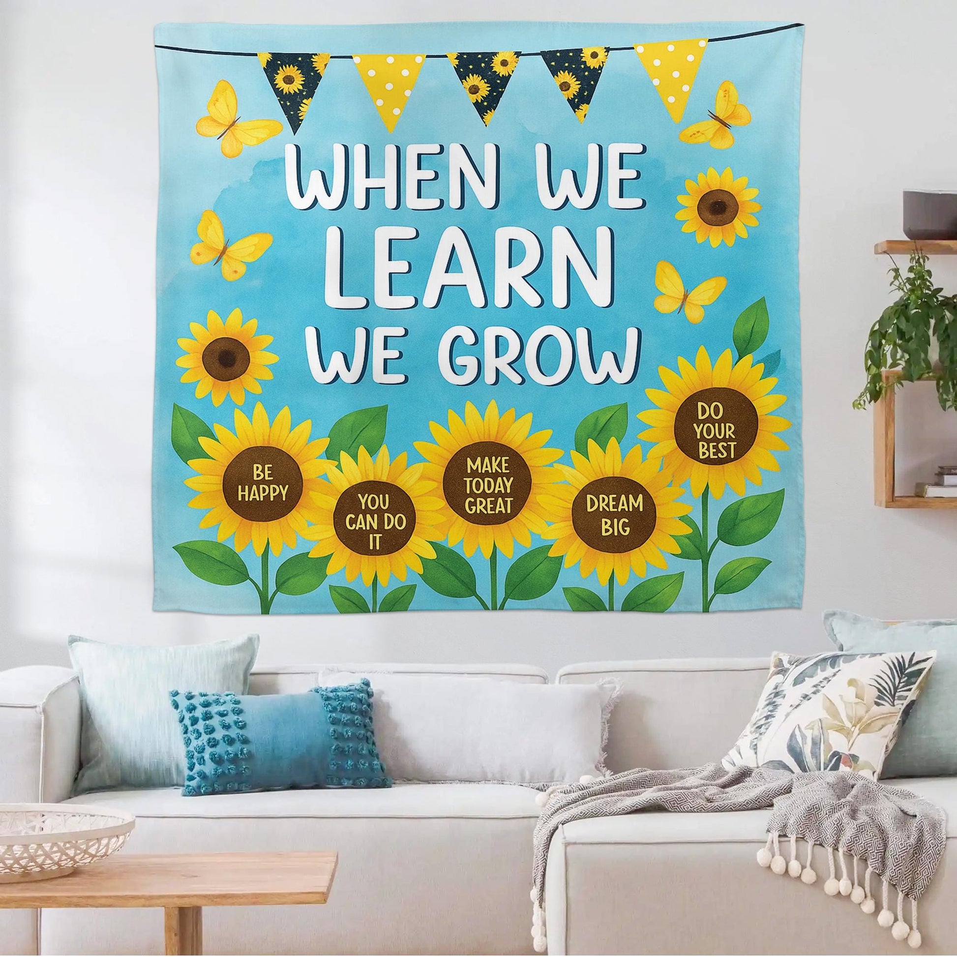 Sunflower Classroom Wall Tapestry – When We Learn We Grow Banner with Positive Quotes – Motivational Teacher Decor for Back To School, Class