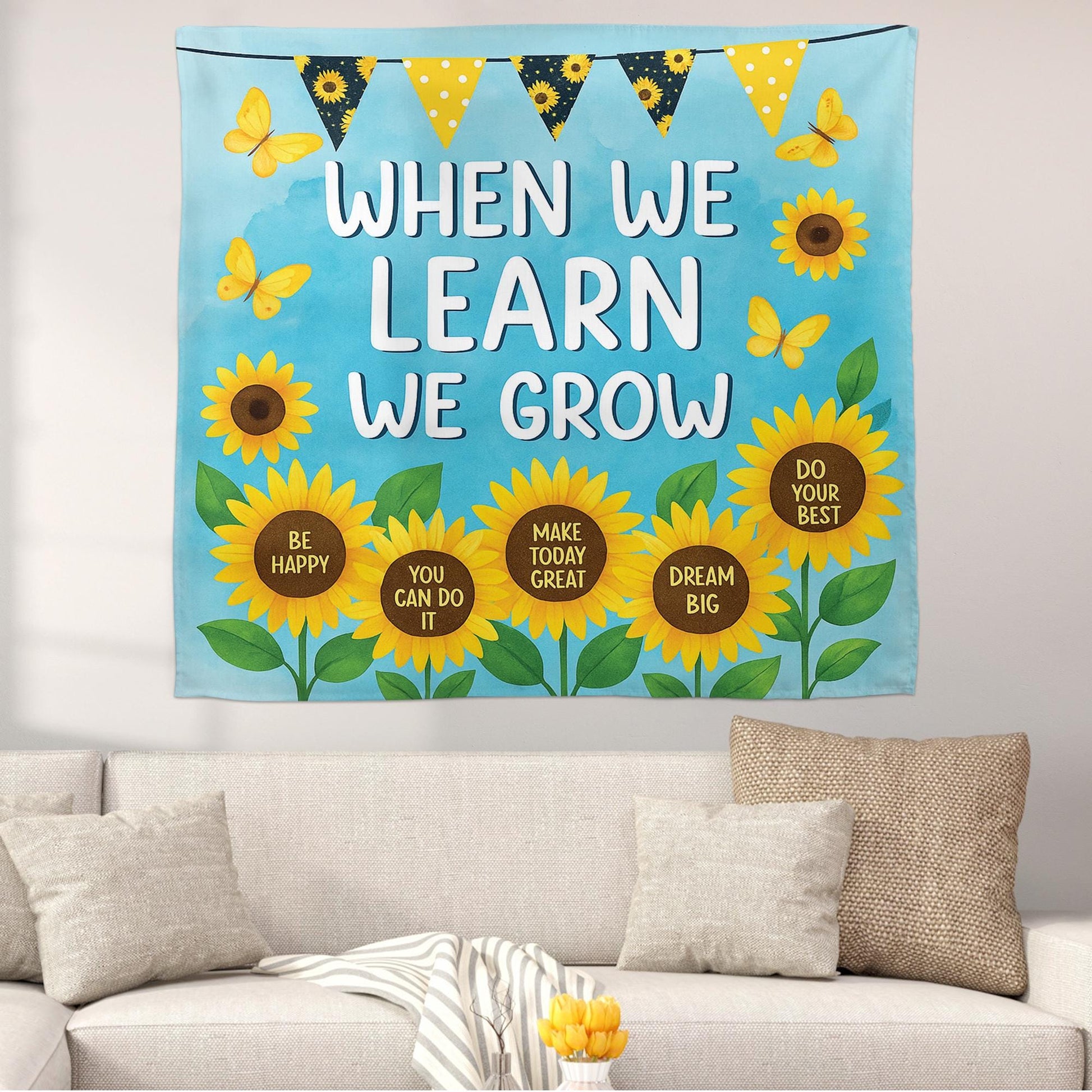 Sunflower Classroom Wall Tapestry – When We Learn We Grow Banner with Positive Quotes – Motivational Teacher Decor for Back To School, Class