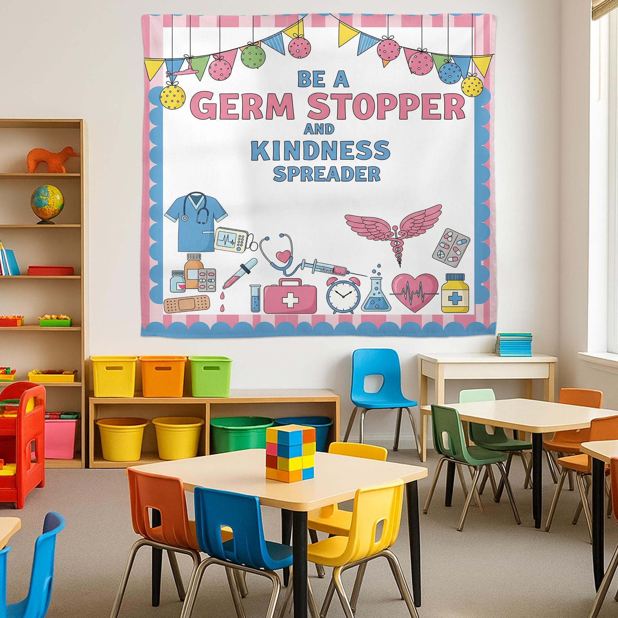 Be a Germ Stopper Kindness Spreader Wall Tapestry – Nurse Office or Classroom Decor – Medical Theme Banner, School Nurse Decor