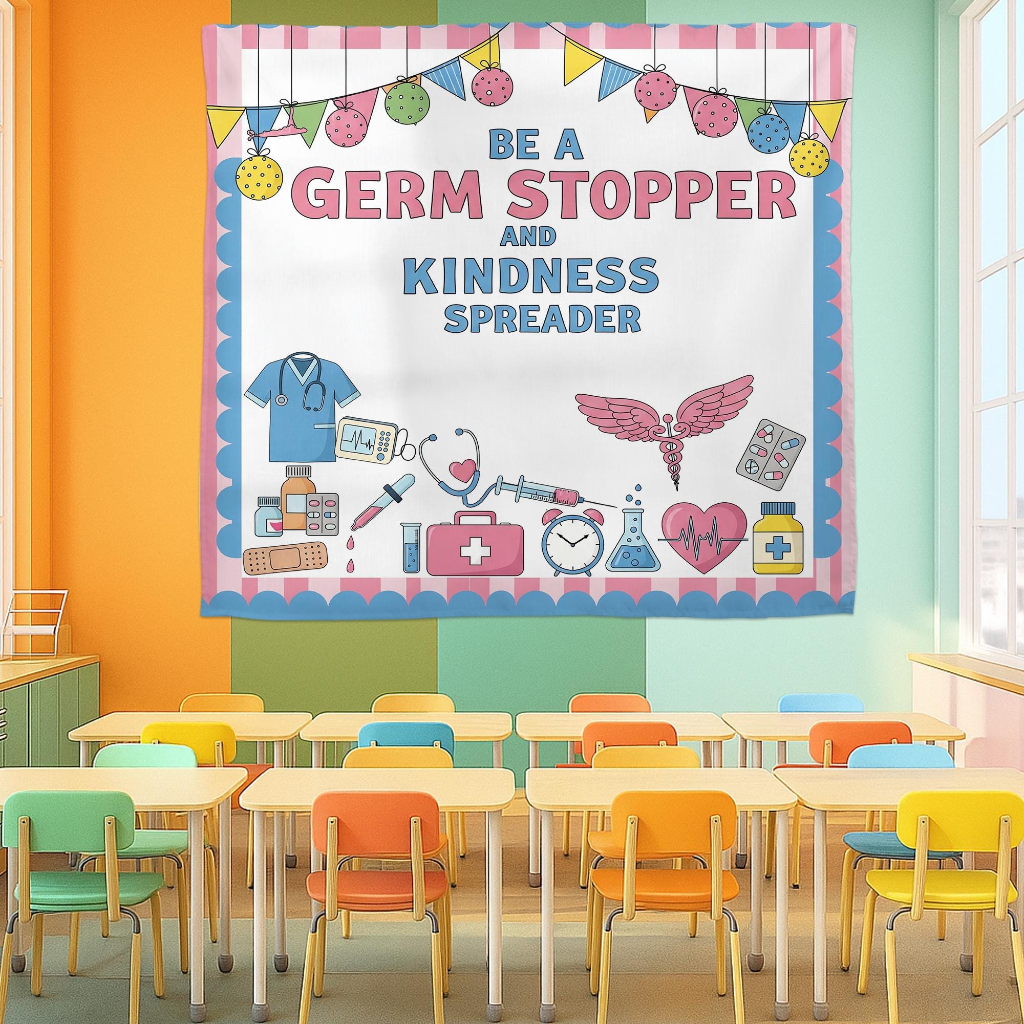 Be a Germ Stopper Kindness Spreader Wall Tapestry – Nurse Office or Classroom Decor – Medical Theme Banner, School Nurse Decor