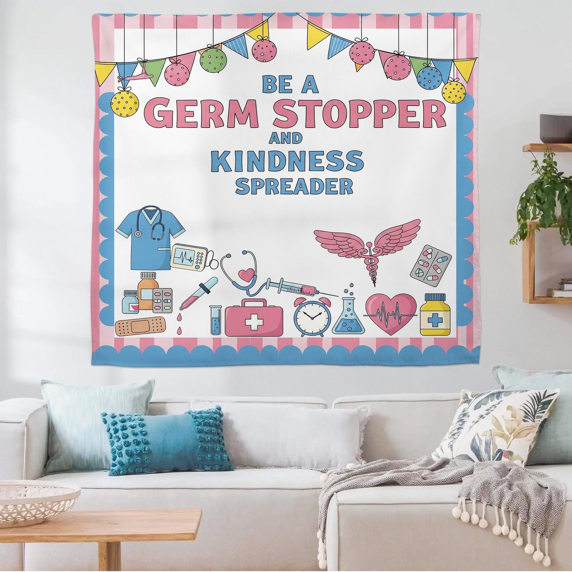 Be a Germ Stopper Kindness Spreader Wall Tapestry – Nurse Office or Classroom Decor – Medical Theme Banner, School Nurse Decor