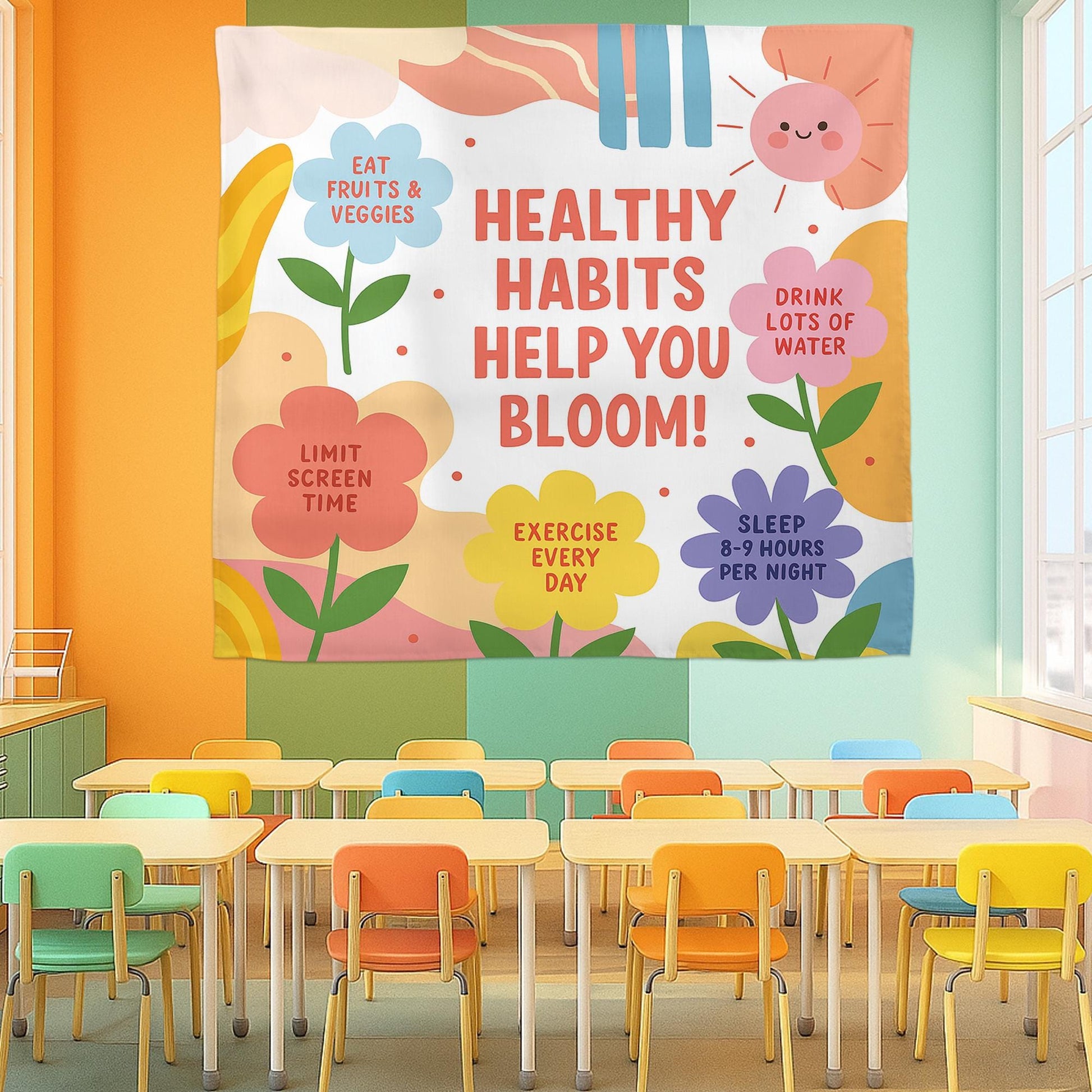Healthy Habits Help You Bloom Wall Tapestry – Colorful Classroom Decor with Wellness Tips for Kids – Motivational School Banner, Class Decor