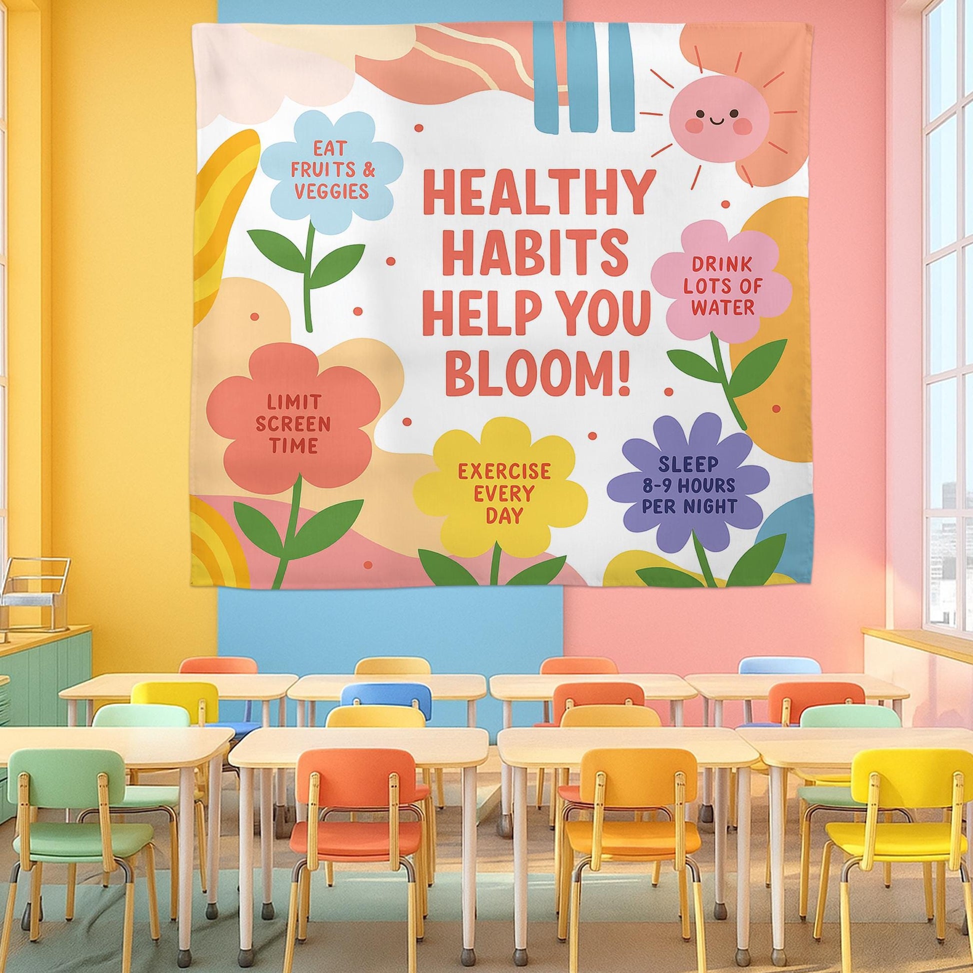 Healthy Habits Help You Bloom Wall Tapestry – Colorful Classroom Decor with Wellness Tips for Kids – Motivational School Banner, Class Decor