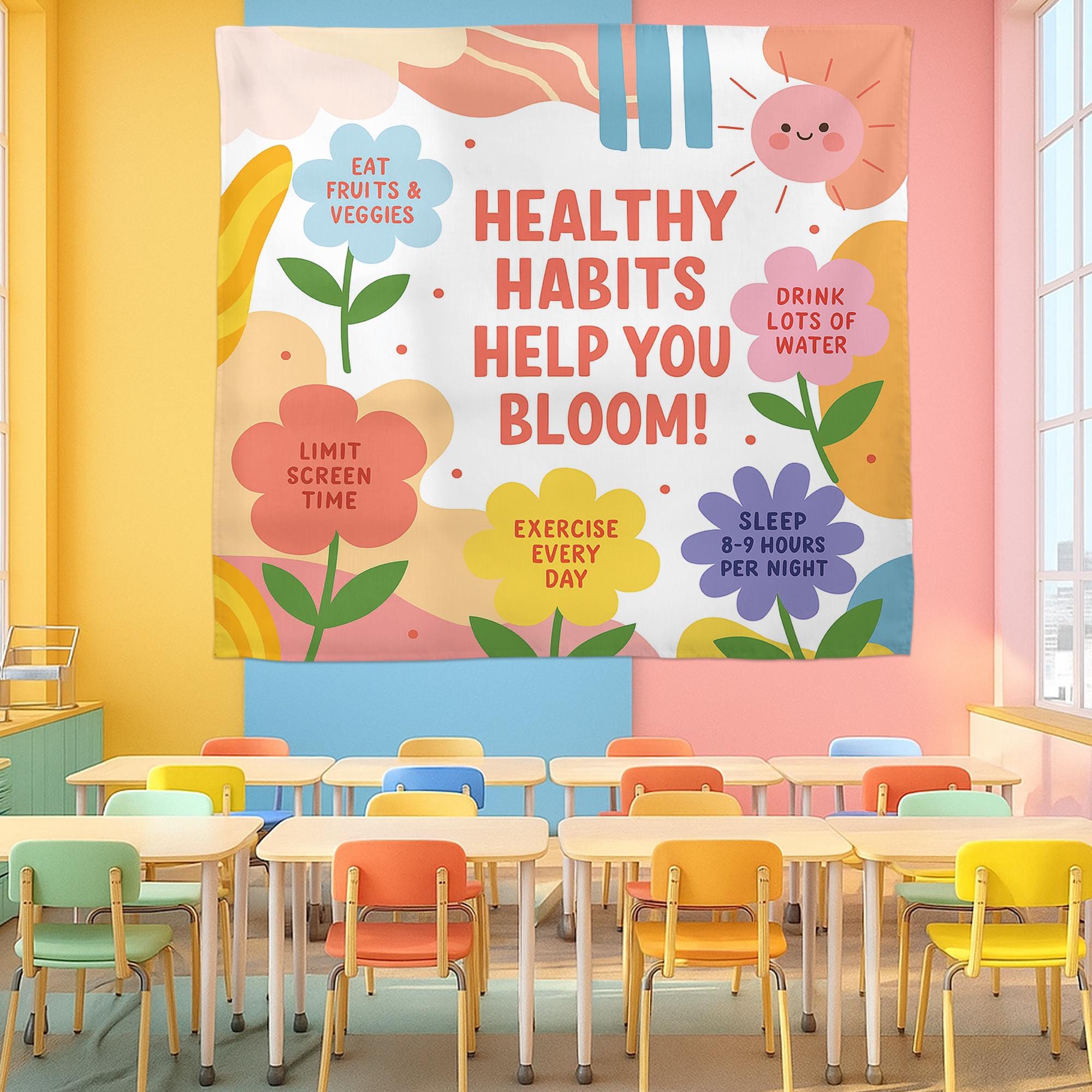 Healthy Habits Help You Bloom Wall Tapestry – Colorful Classroom Decor with Wellness Tips for Kids – Motivational School Banner, Class Decor